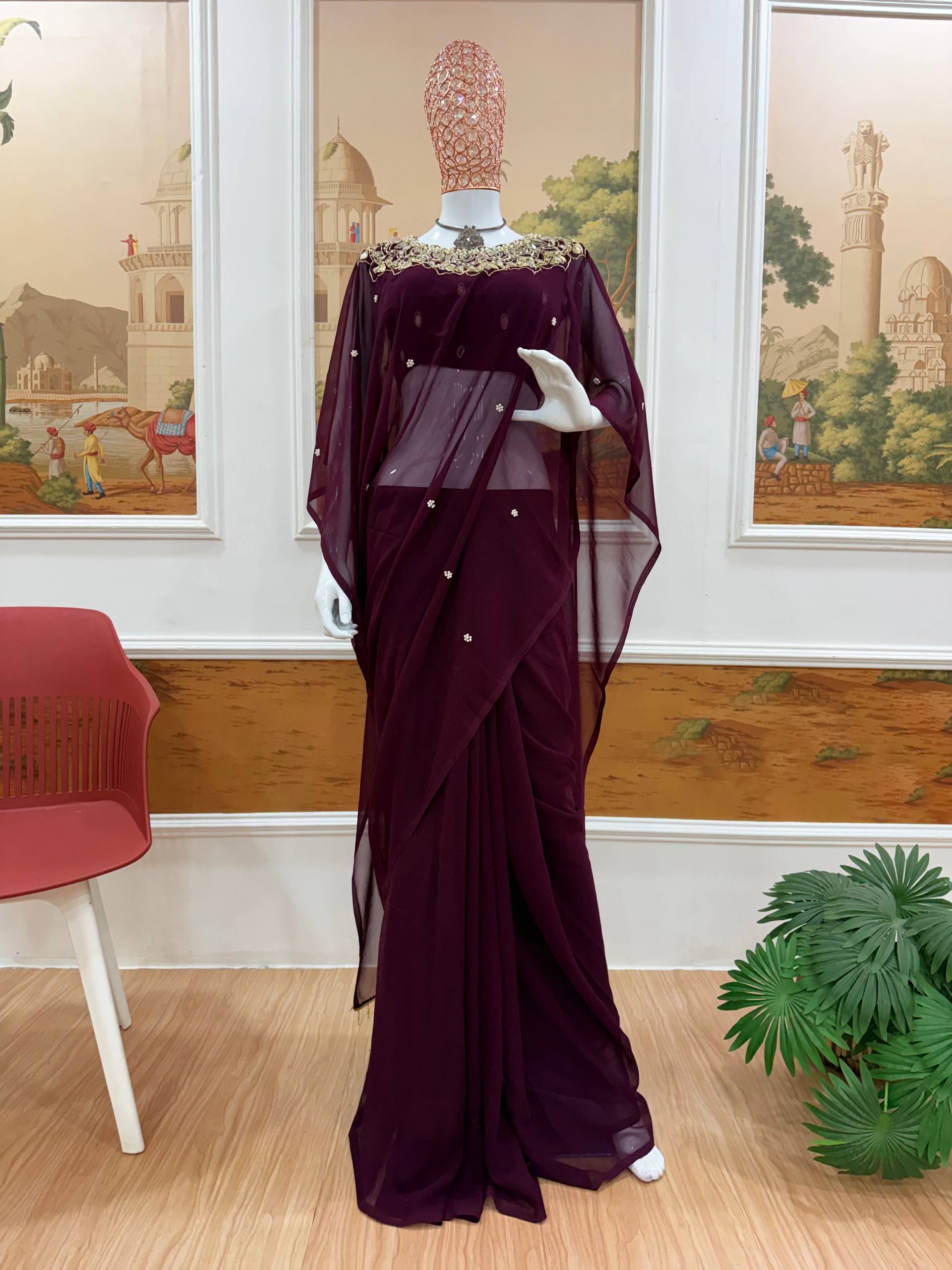 Elegant Kaftan Style Ready-to-Wear Saree with Heavy Embroidered Neck – Premium Party Wear