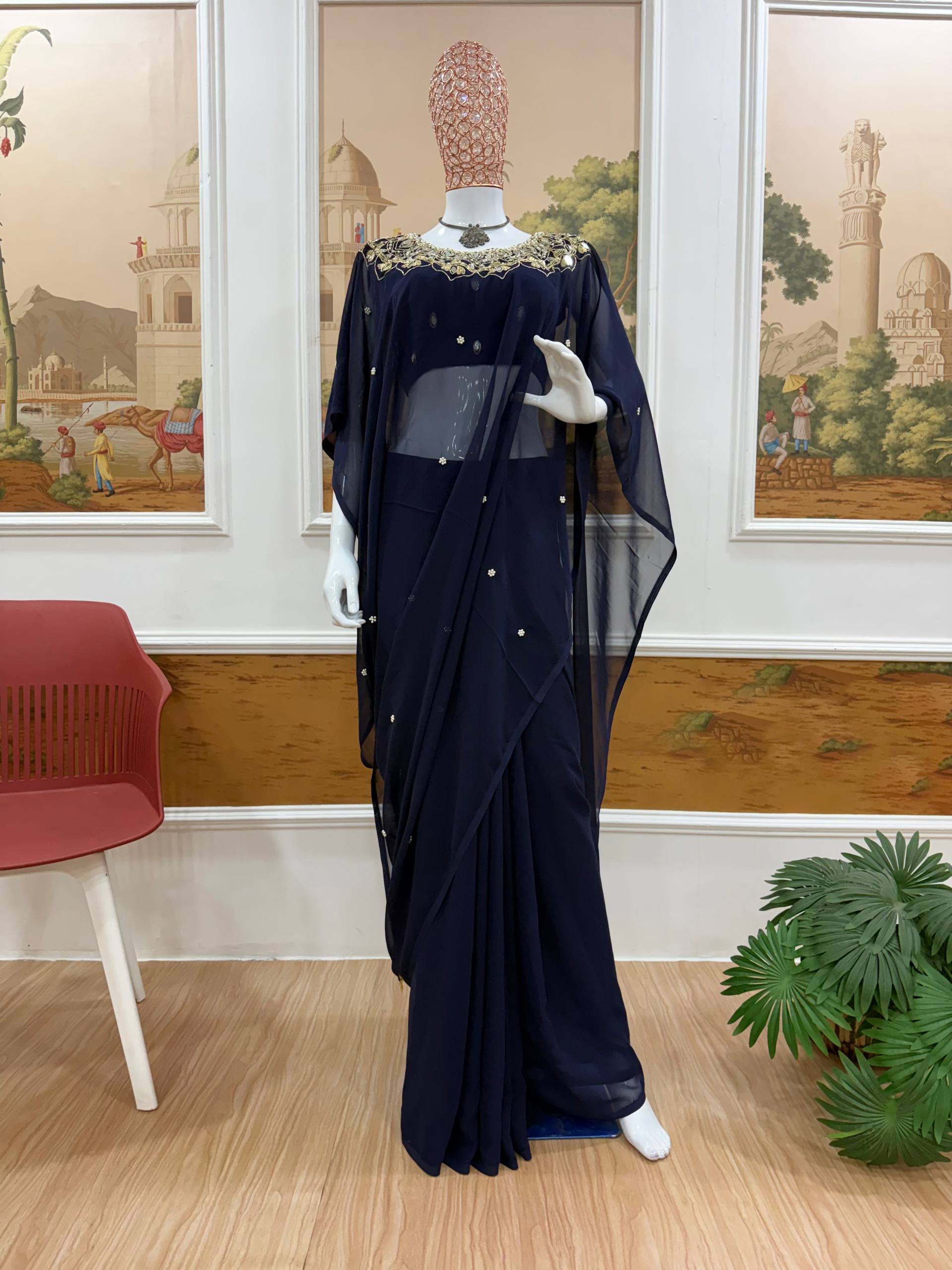 Elegant Kaftan Style Ready-to-Wear Saree with Heavy Embroidered Neck – Premium Party Wear