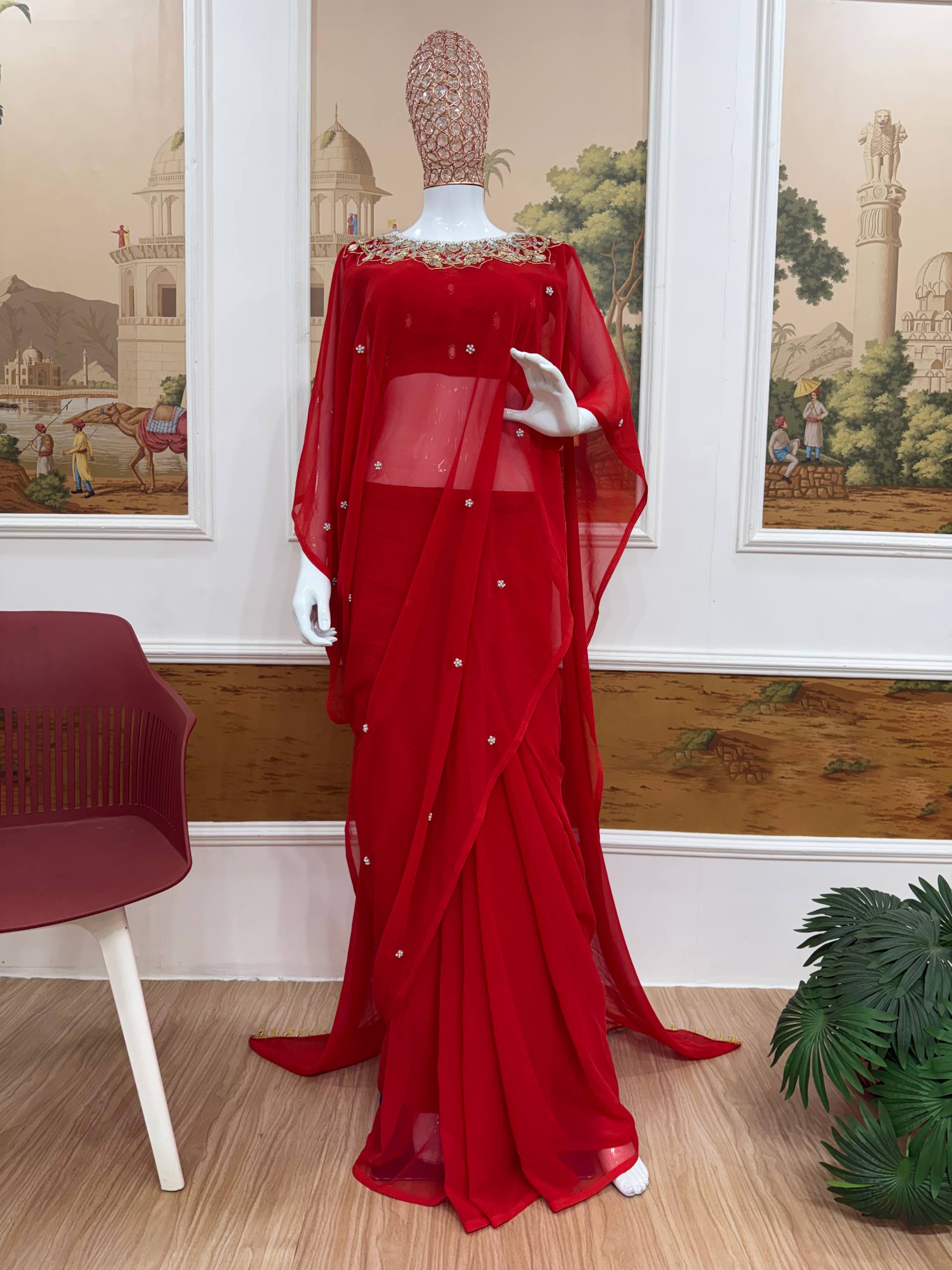 Elegant Kaftan Style Ready-to-Wear Saree with Heavy Embroidered Neck – Premium Party Wear