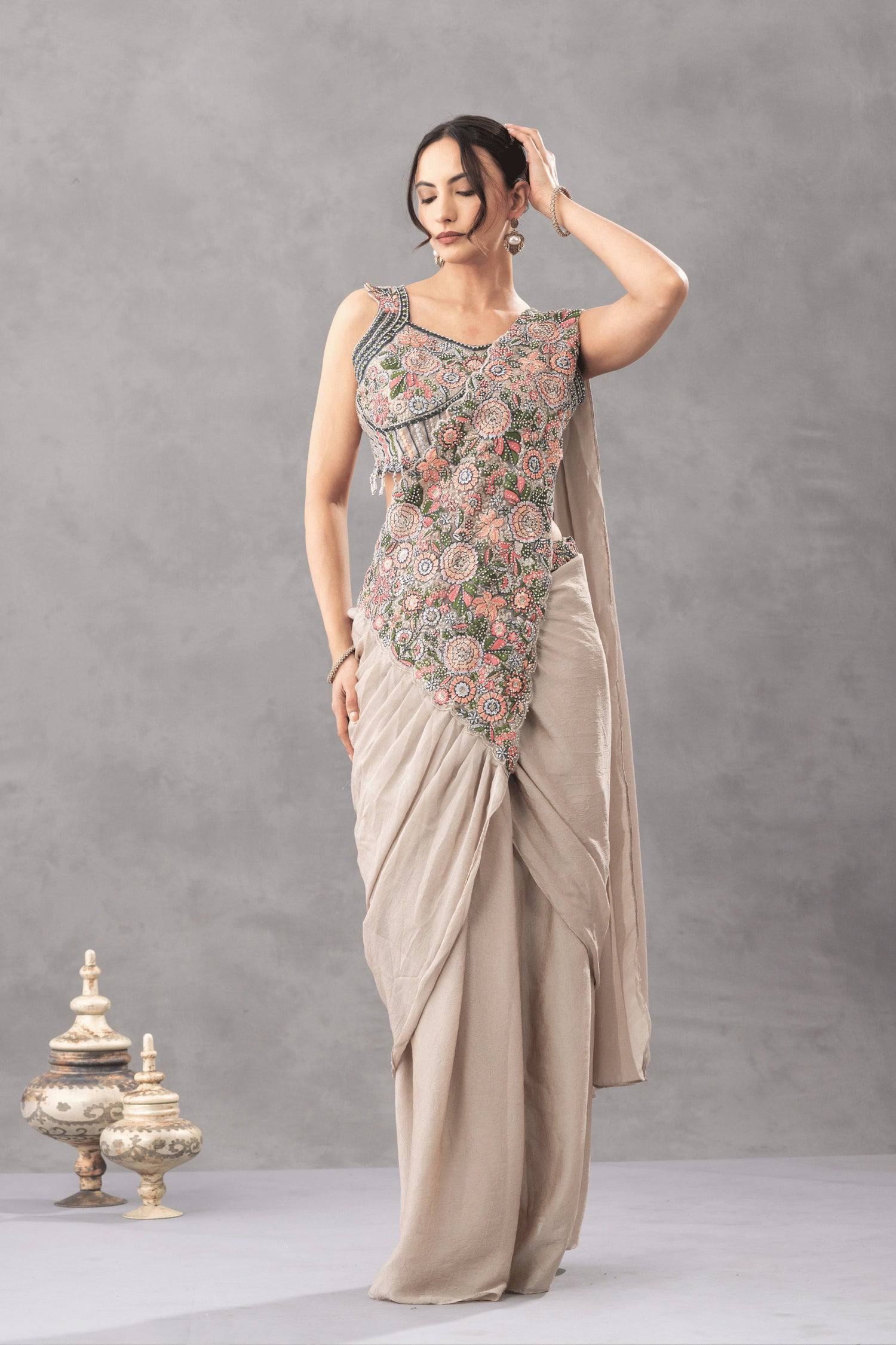 Elegant Ready Saree with Floral Embroidery Blouse – Festive & Wedding Wear