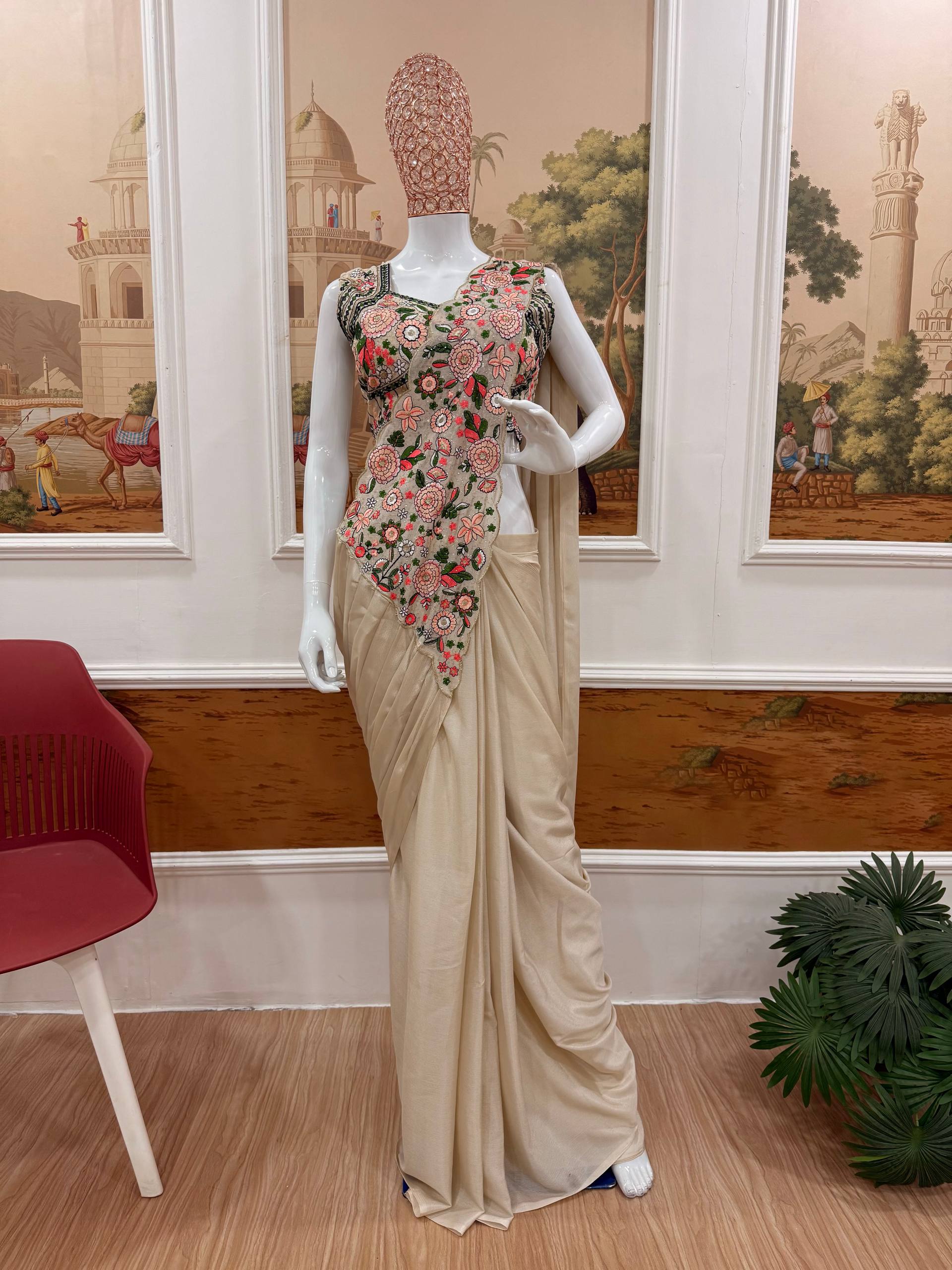 Elegant Ready Saree with Floral Embroidery Blouse – Festive & Wedding Wear