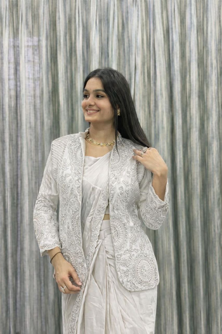 Premium Ready-To-Wear Saree with Embroidered Jacket – Trendy Collection