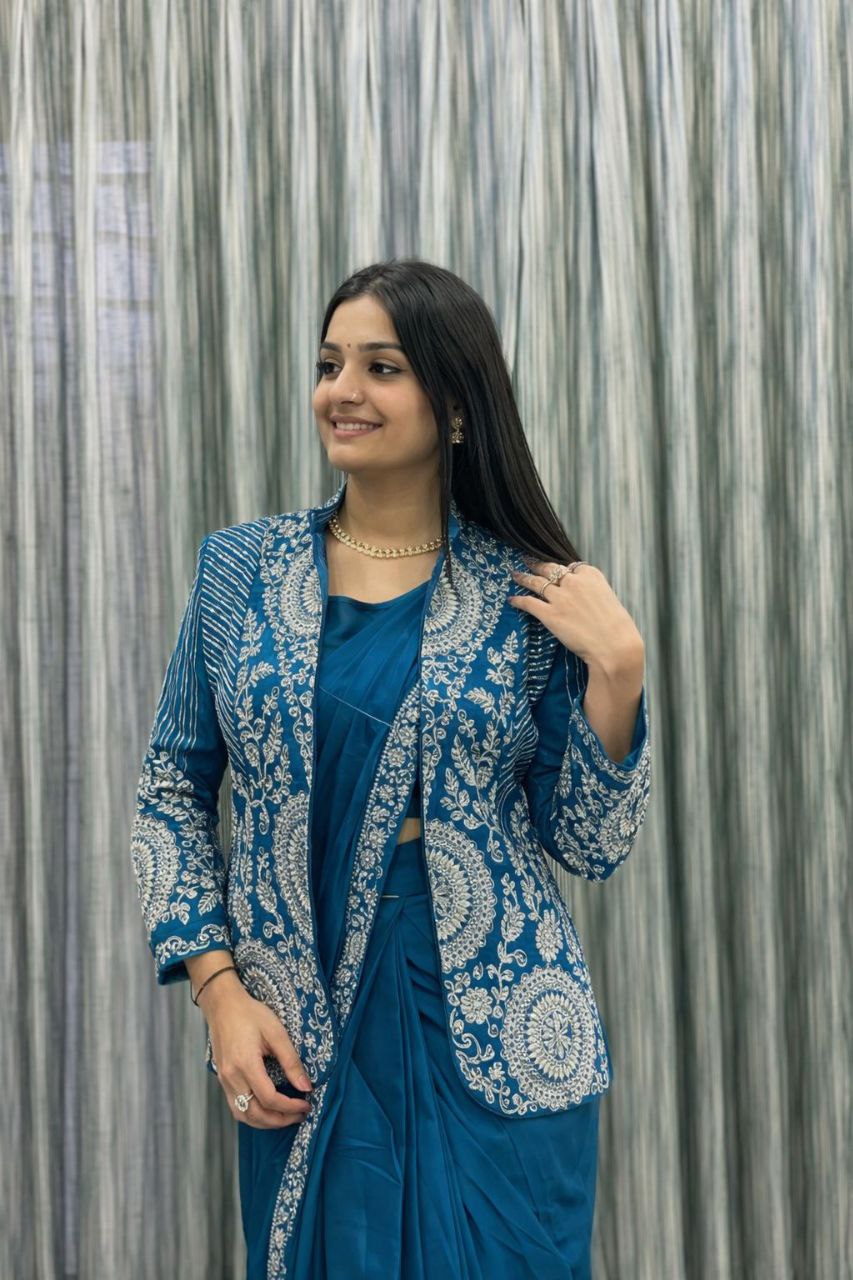 Premium Ready-To-Wear Saree with Embroidered Jacket – Trendy Collection