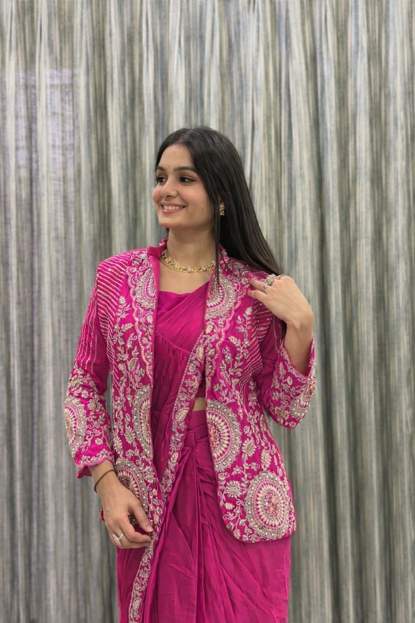 Premium Ready-To-Wear Saree with Embroidered Jacket – Trendy Collection