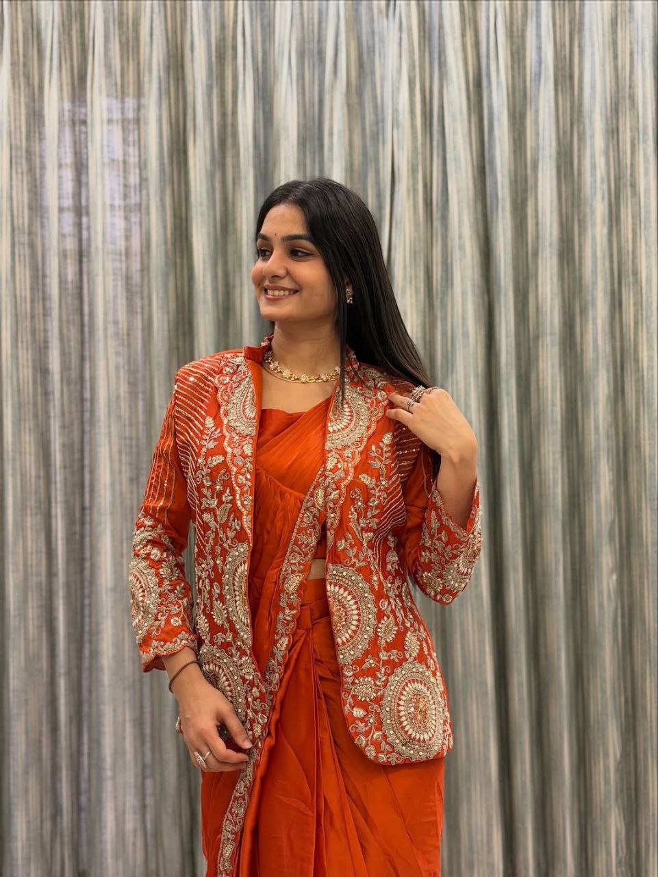 Premium Ready-To-Wear Saree with Embroidered Jacket – Trendy Collection