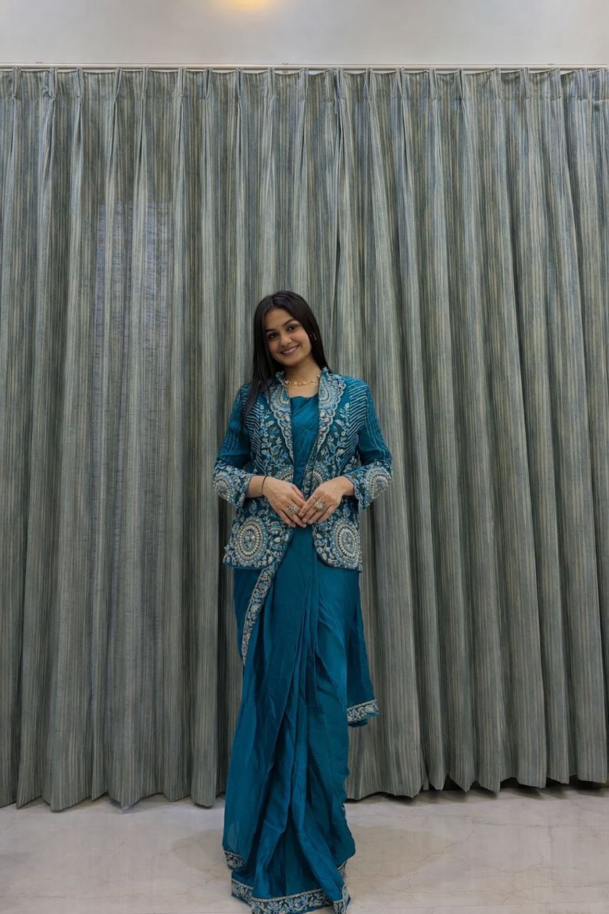 Premium Ready-To-Wear Saree with Embroidered Jacket – Trendy Collection