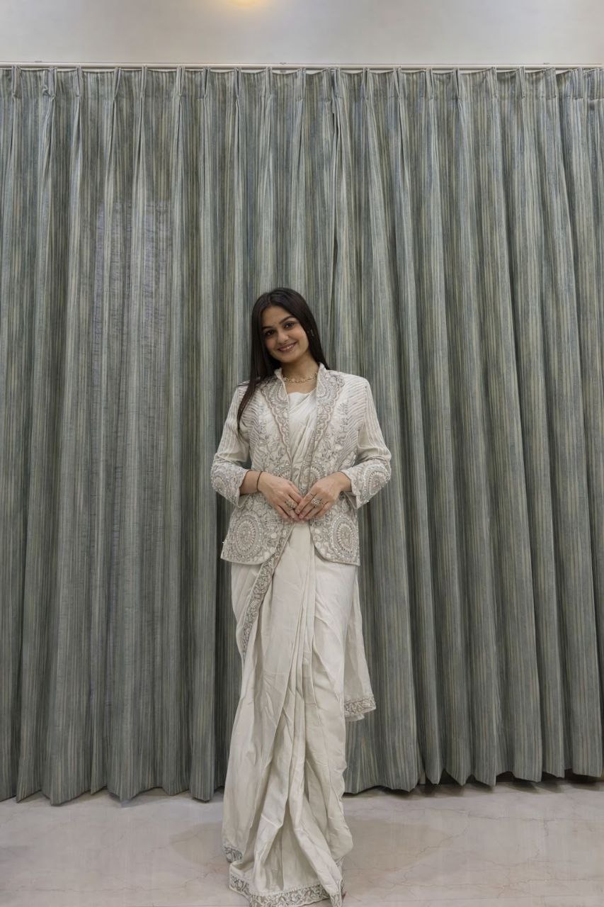 Premium Ready-To-Wear Saree with Embroidered Jacket – Trendy Collection