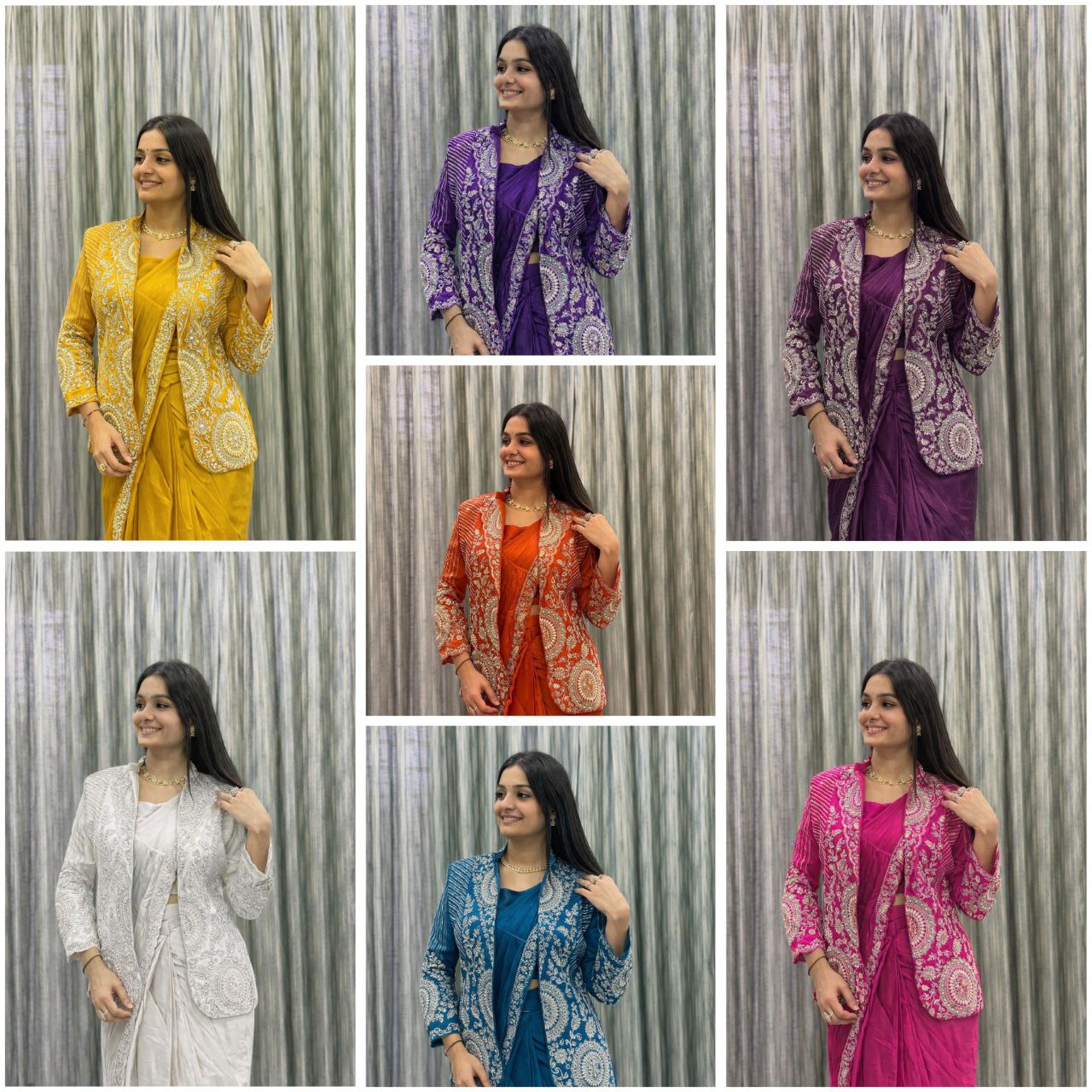 Premium Ready-To-Wear Saree with Embroidered Jacket – Trendy Collection