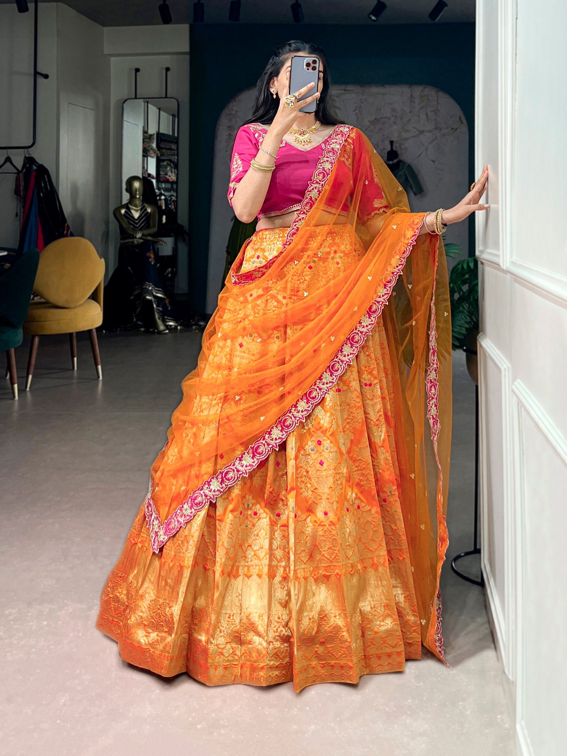 Women's Banarasi Silk Lehenga Choli with Net Dupatta | Zari Woven Designer Wedding, Bridal, Festive & Party Wear