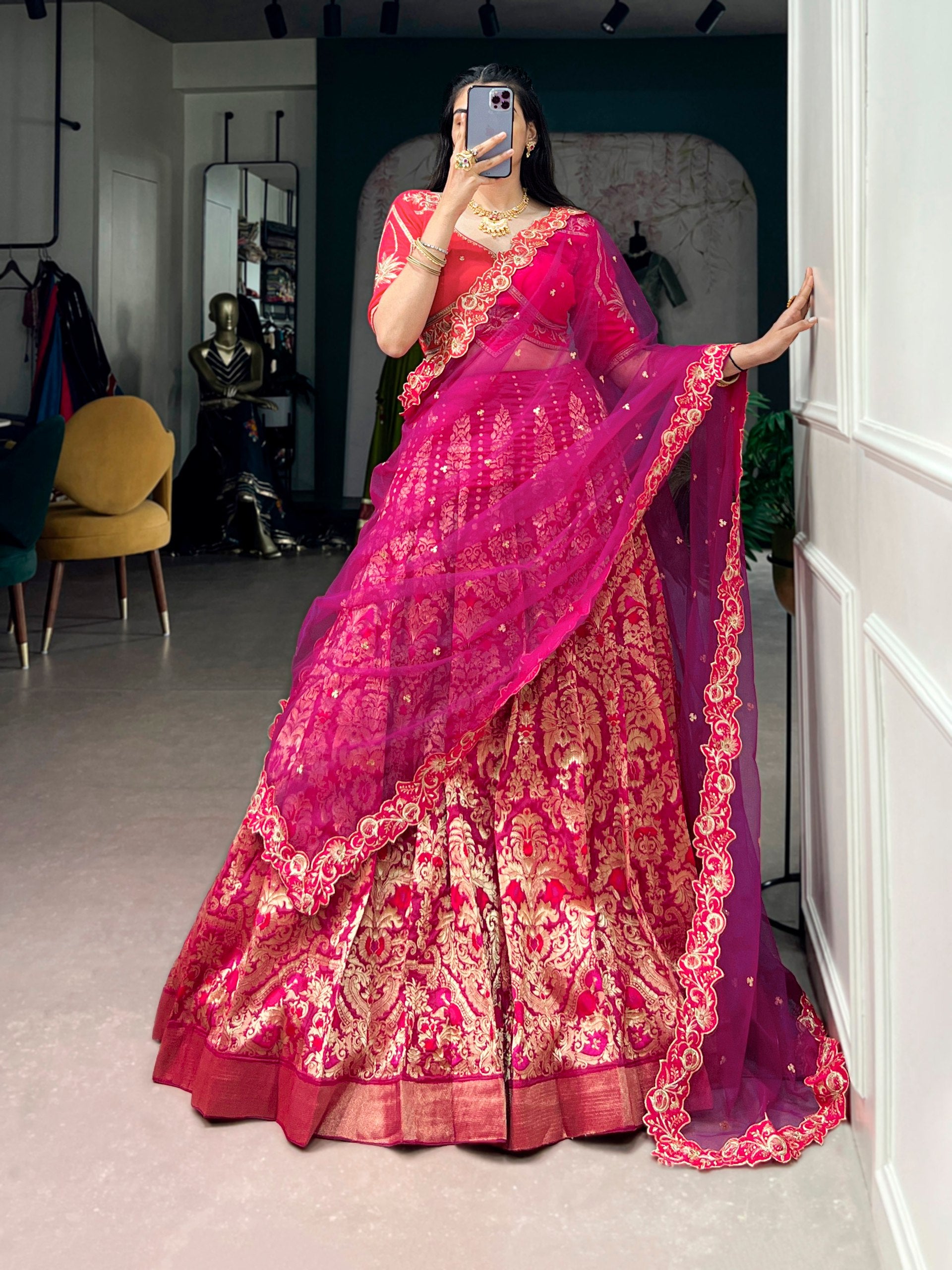 Women's Banarasi Silk Lehenga Choli with Net Dupatta | Zari Woven Designer Wedding, Bridal, Festive & Party Wear
