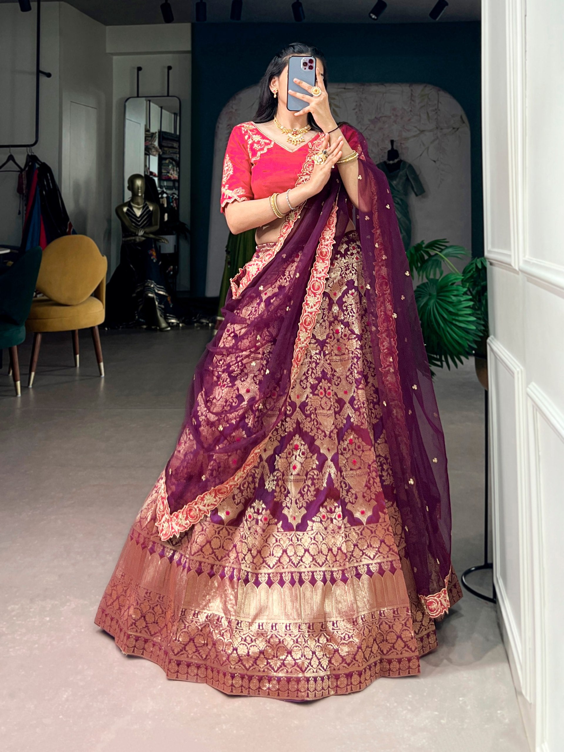 Women's Banarasi Silk Lehenga Choli with Net Dupatta | Zari Woven Designer Wedding, Bridal, Festive & Party Wear