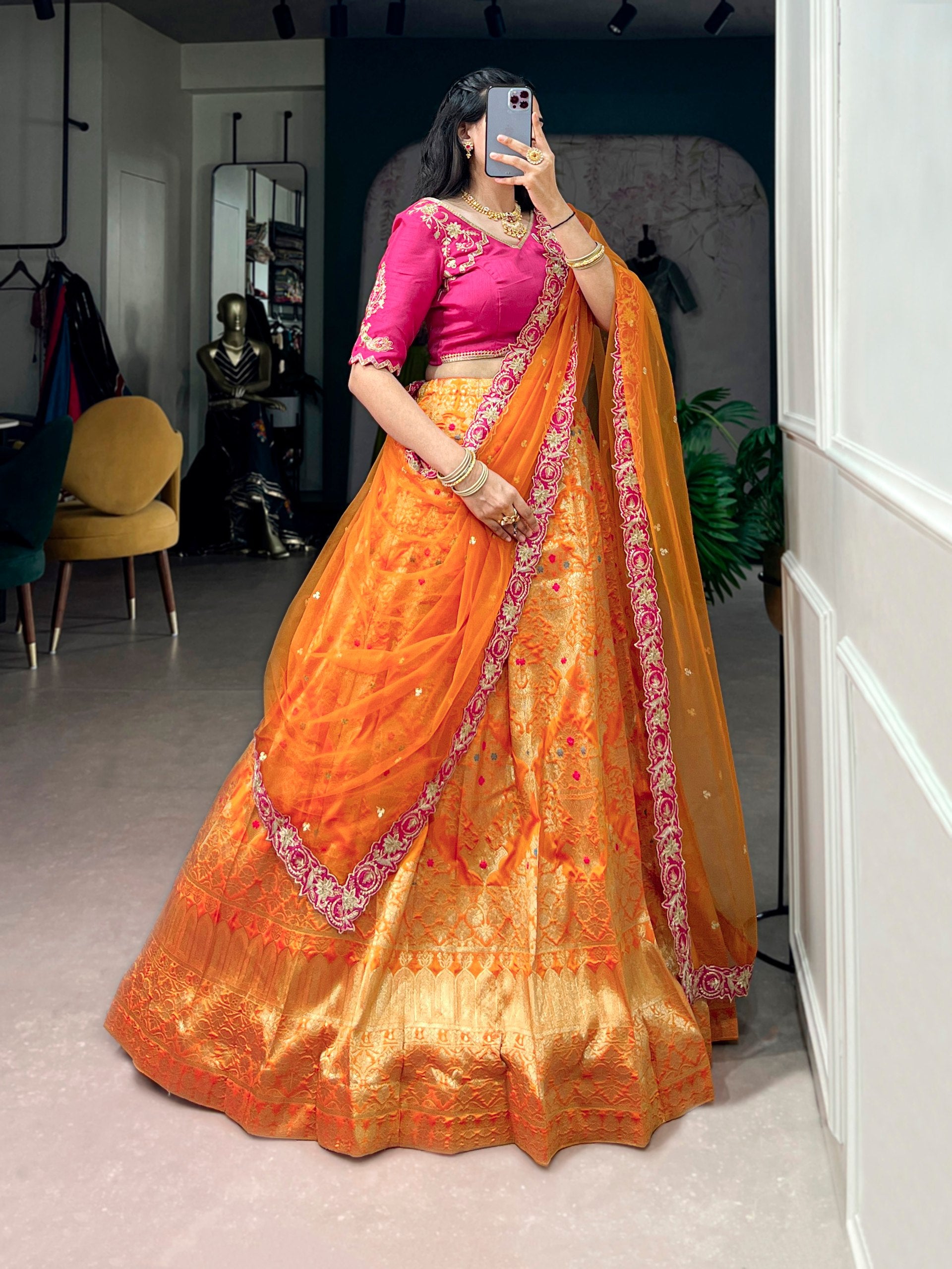 Women's Banarasi Silk Lehenga Choli with Net Dupatta | Zari Woven Designer Wedding, Bridal, Festive & Party Wear