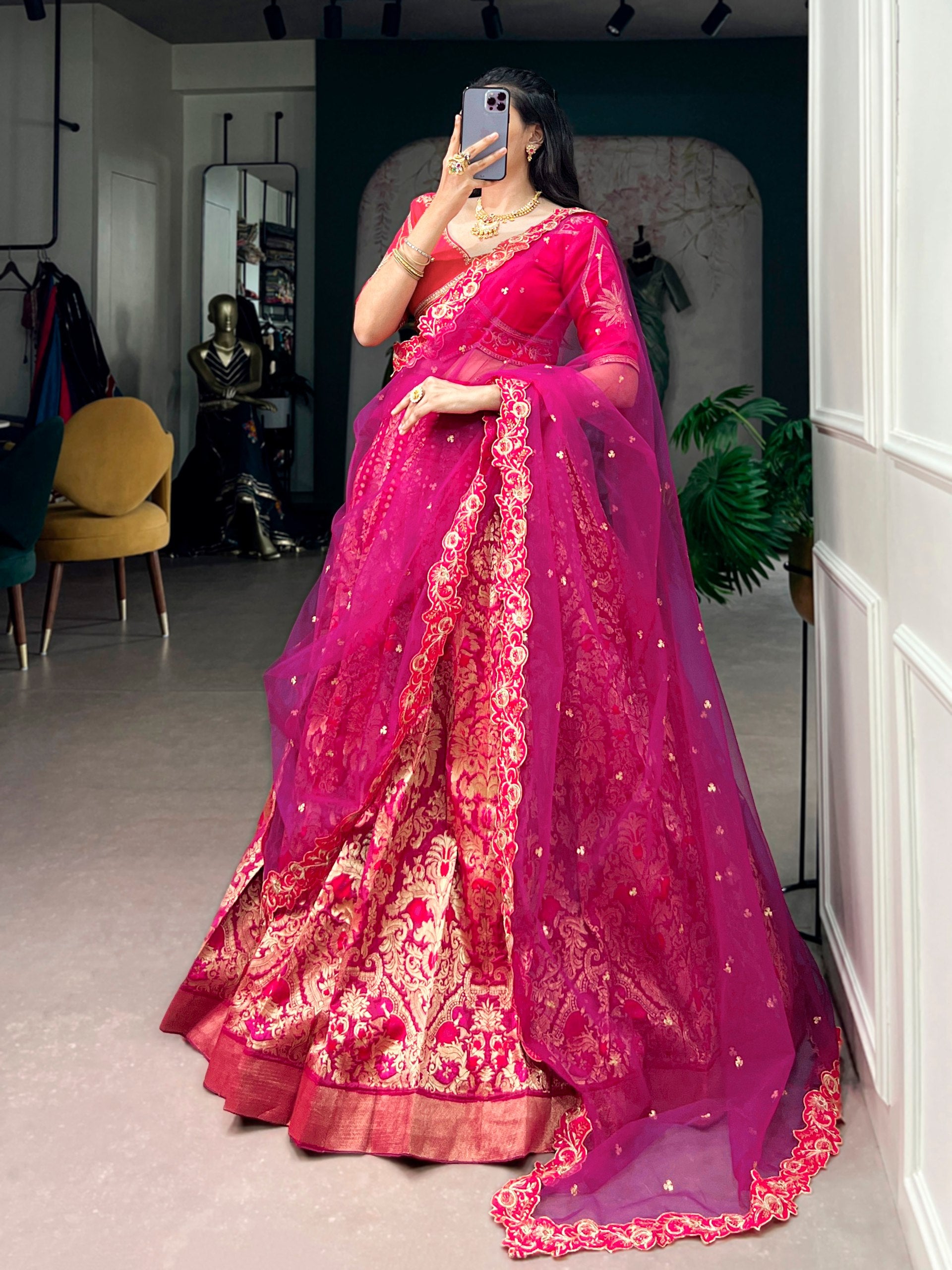 Women's Banarasi Silk Lehenga Choli with Net Dupatta | Zari Woven Designer Wedding, Bridal, Festive & Party Wear