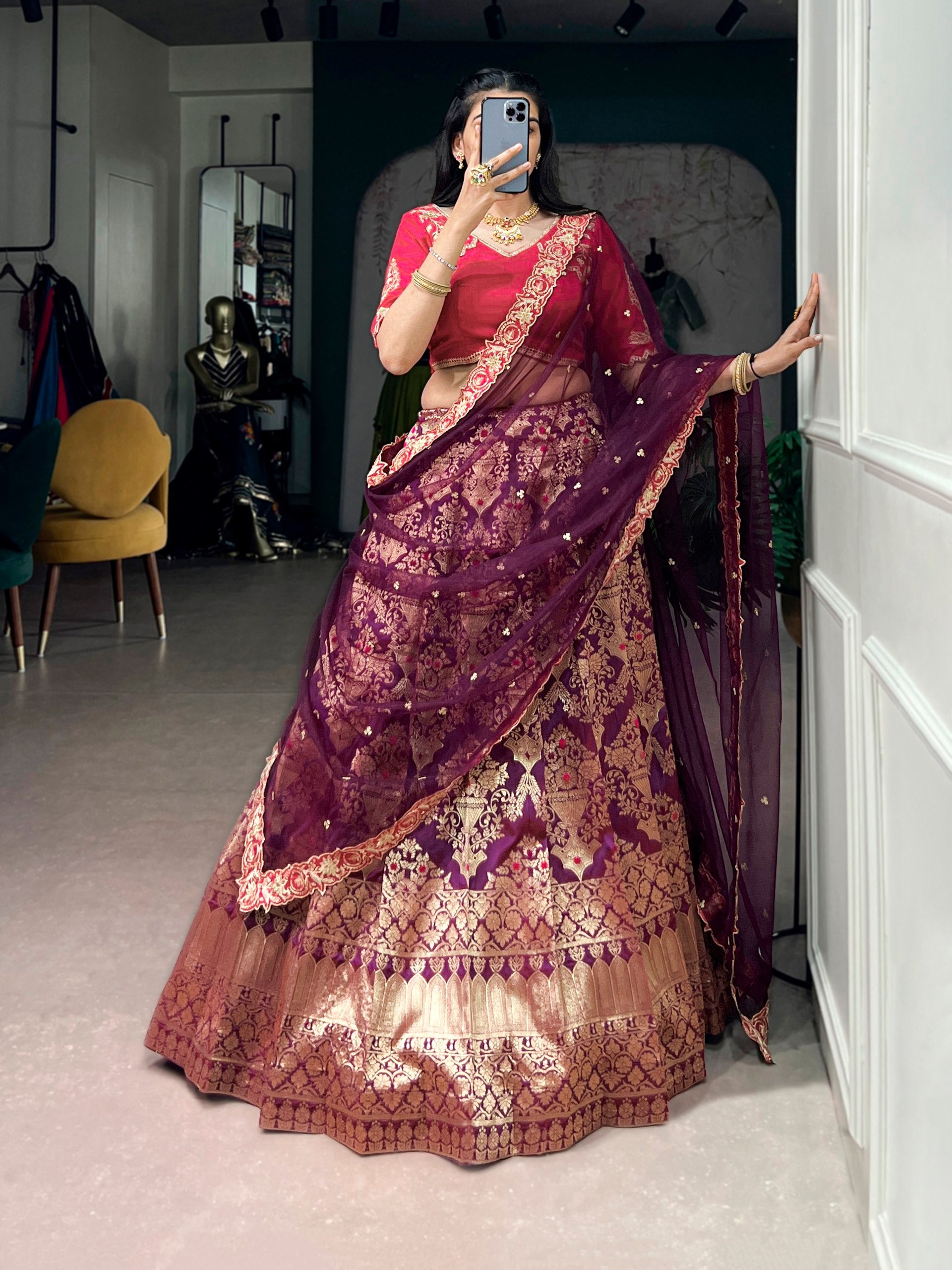 Women's Banarasi Silk Lehenga Choli with Net Dupatta | Zari Woven Designer Wedding, Bridal, Festive & Party Wear