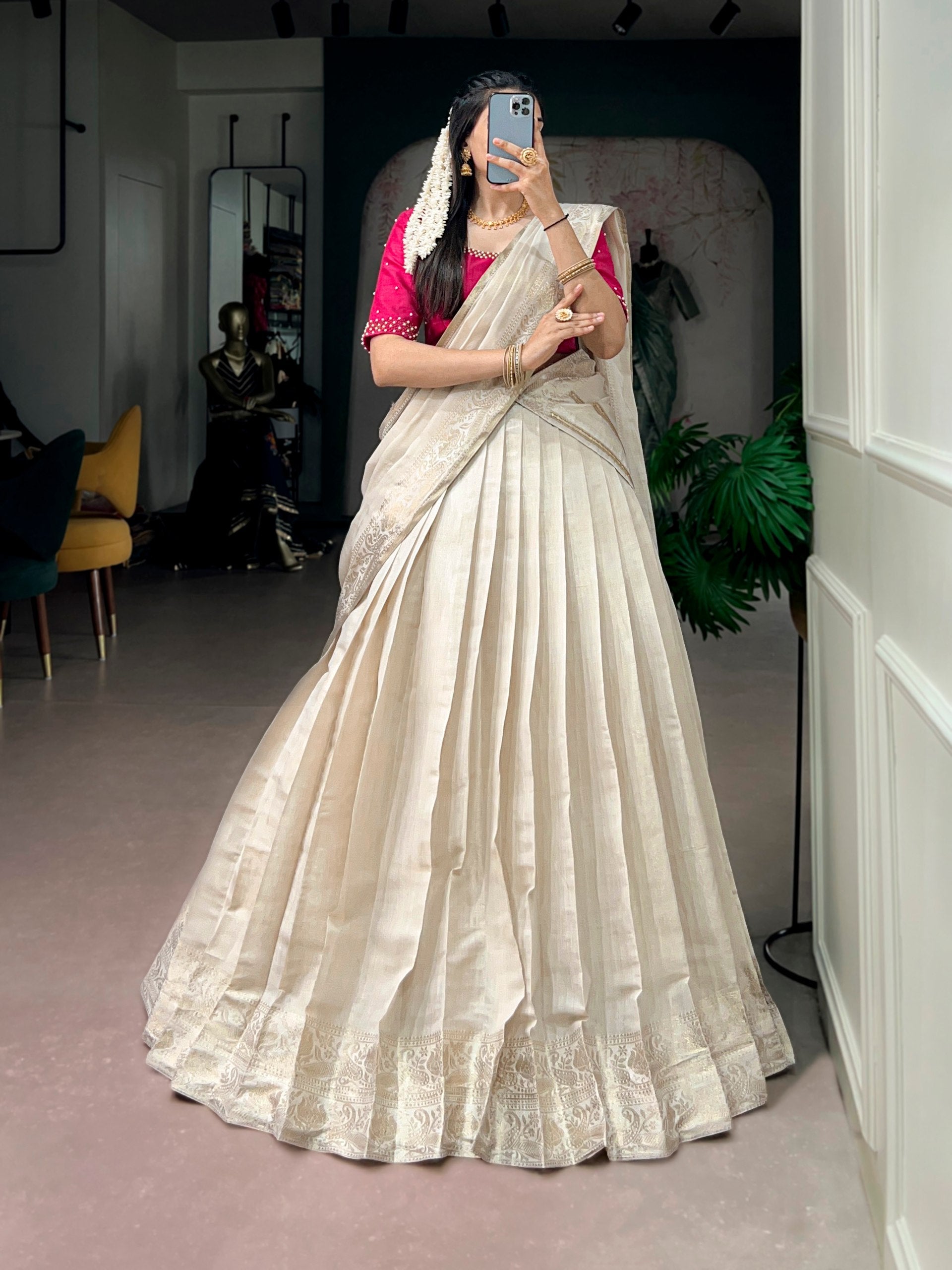 Women's Premium Dola Silk Ready to Wear Lehenga Saree | Zari Woven Border Designer Ethnic Wear | Wedding, Festive & Party Wear