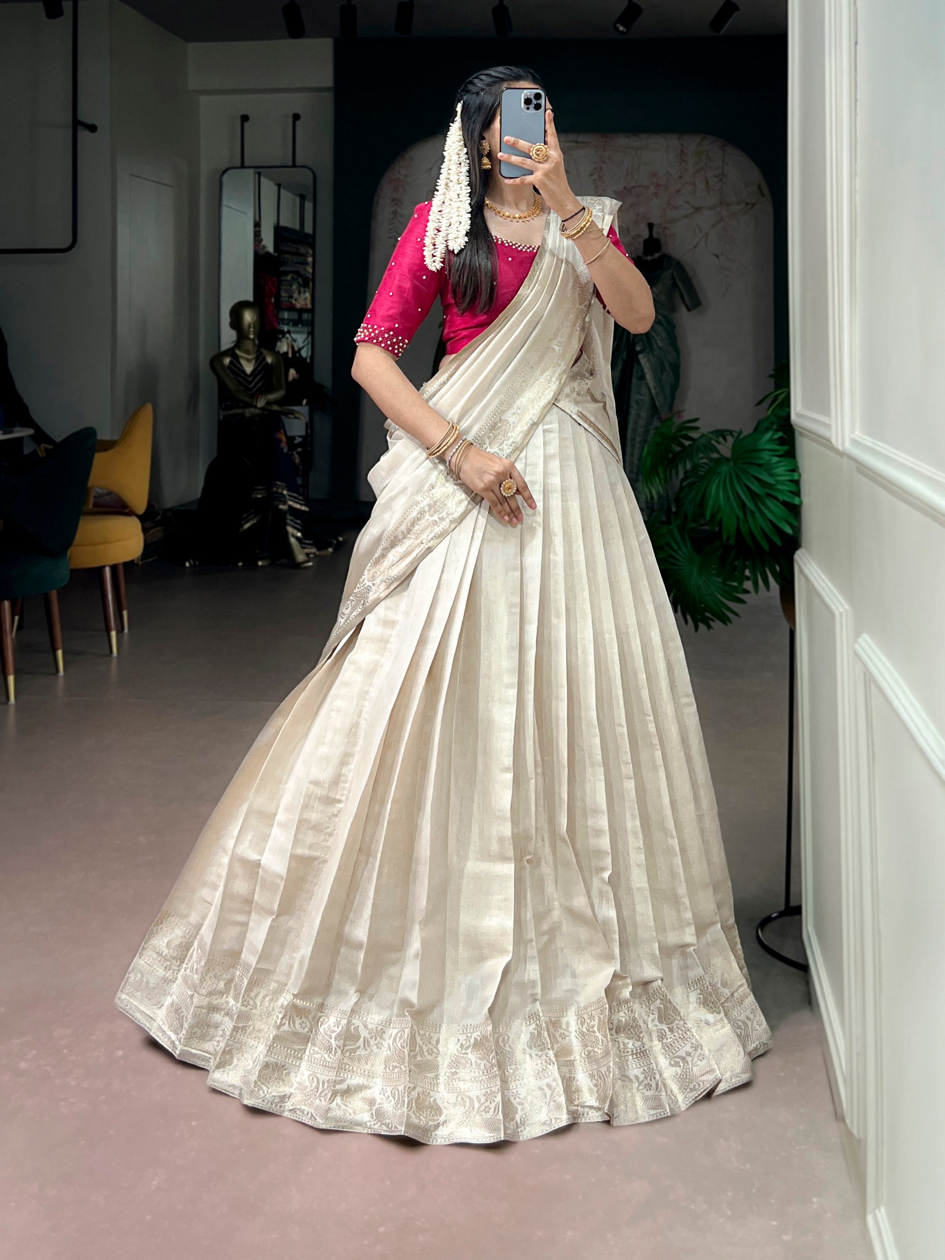 Women's Premium Dola Silk Ready to Wear Lehenga Saree | Zari Woven Border Designer Ethnic Wear | Wedding, Festive & Party Wear