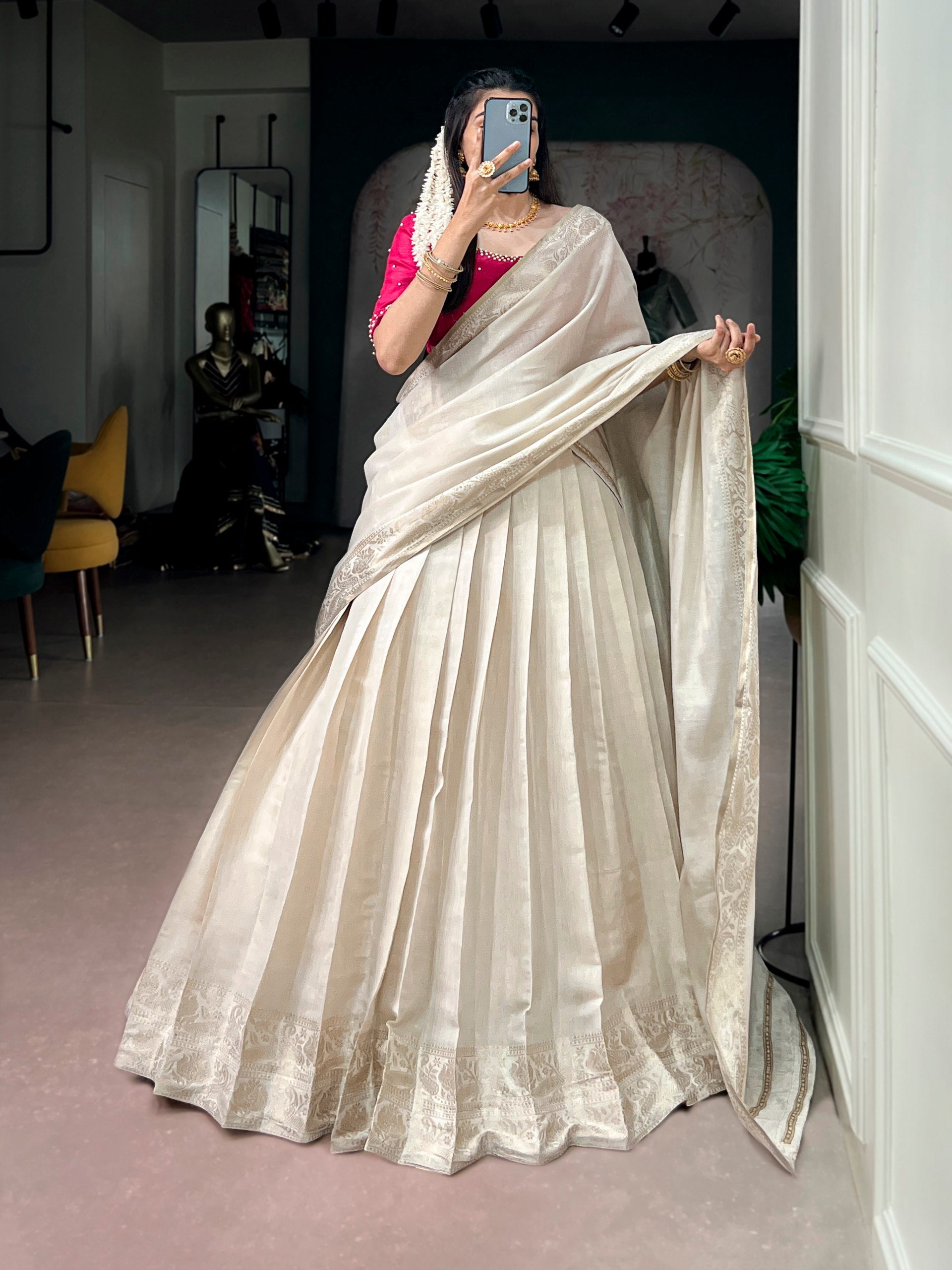 Women's Premium Dola Silk Ready to Wear Lehenga Saree | Zari Woven Border Designer Ethnic Wear | Wedding, Festive & Party Wear