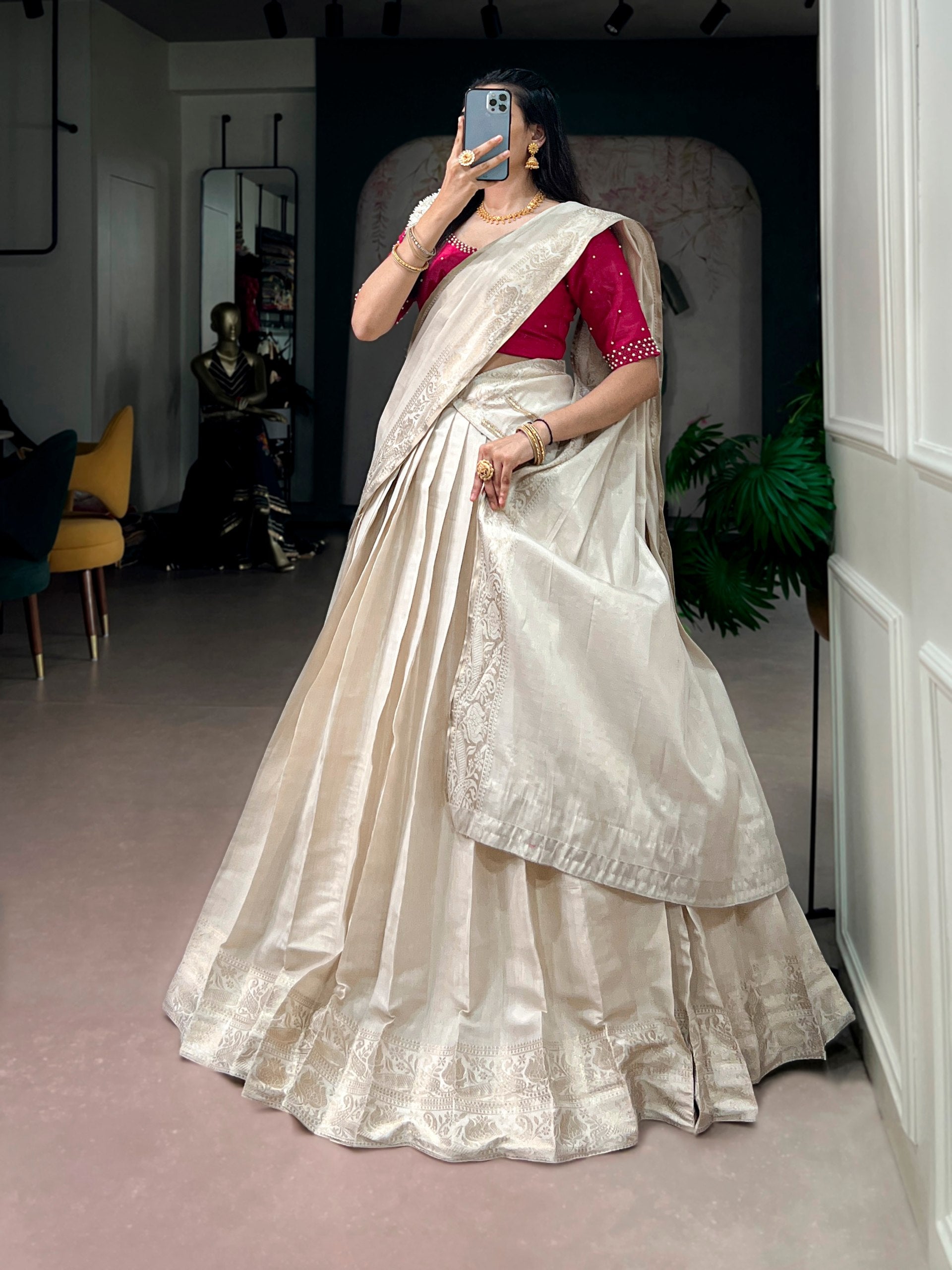 Women's Premium Dola Silk Ready to Wear Lehenga Saree | Zari Woven Border Designer Ethnic Wear | Wedding, Festive & Party Wear