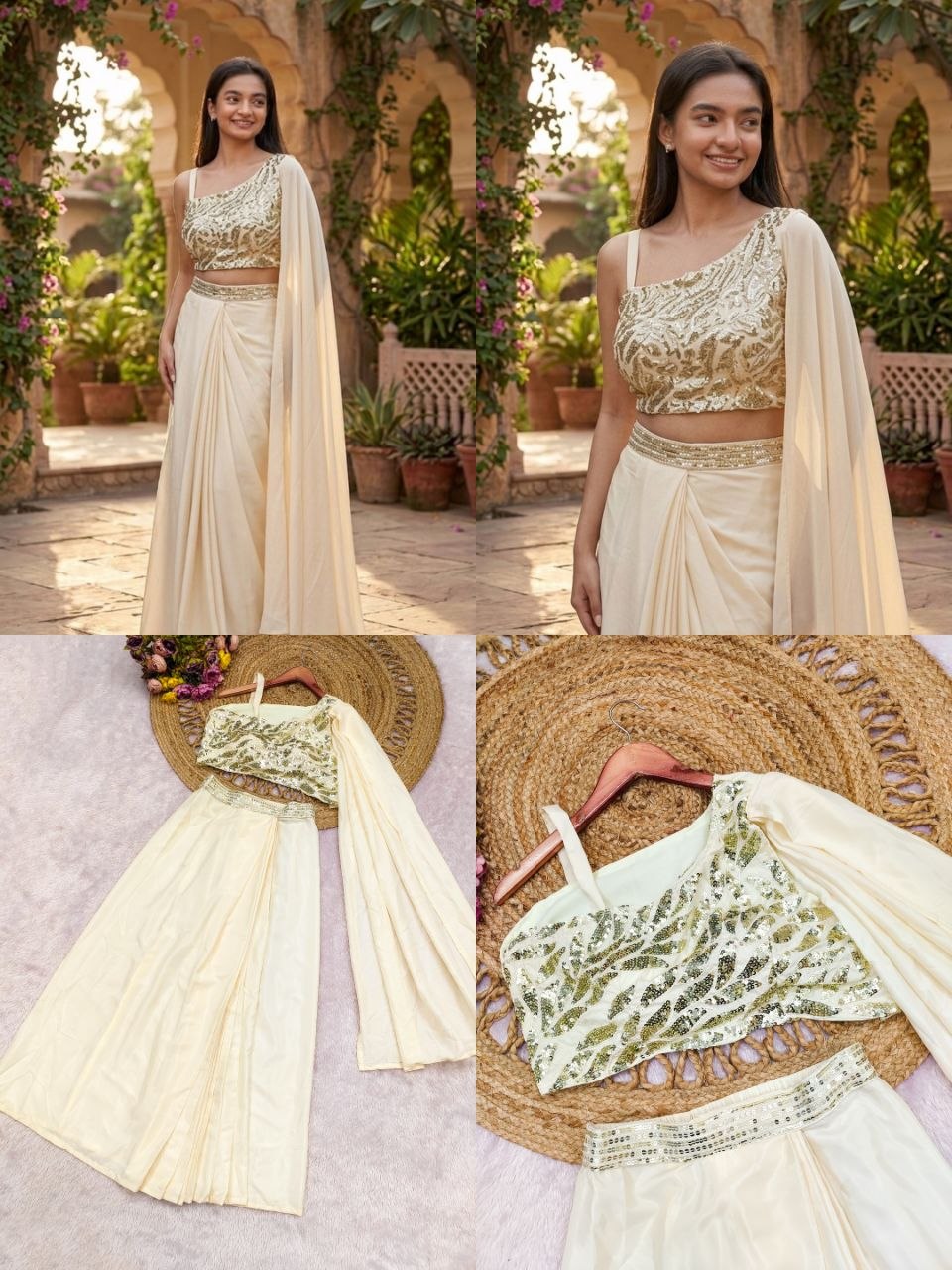Elegant Cream Drape Saree with Heavy Embroidered Blouse | Ready-to-Wear Party & Wedding Wear