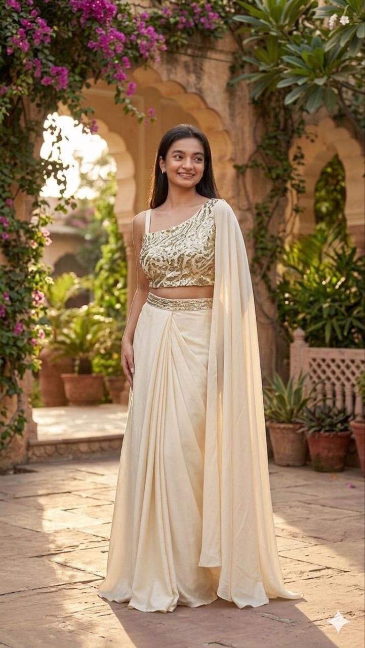 Elegant Cream Drape Saree with Heavy Embroidered Blouse | Ready-to-Wear Party & Wedding Wear