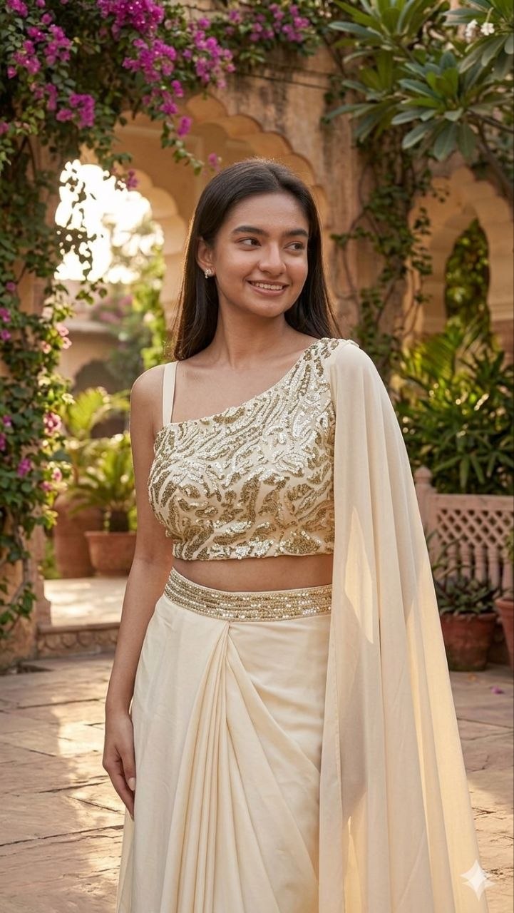 Elegant Cream Drape Saree with Heavy Embroidered Blouse | Ready-to-Wear Party & Wedding Wear