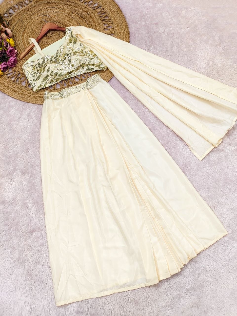 Elegant Cream Drape Saree with Heavy Embroidered Blouse | Ready-to-Wear Party & Wedding Wear