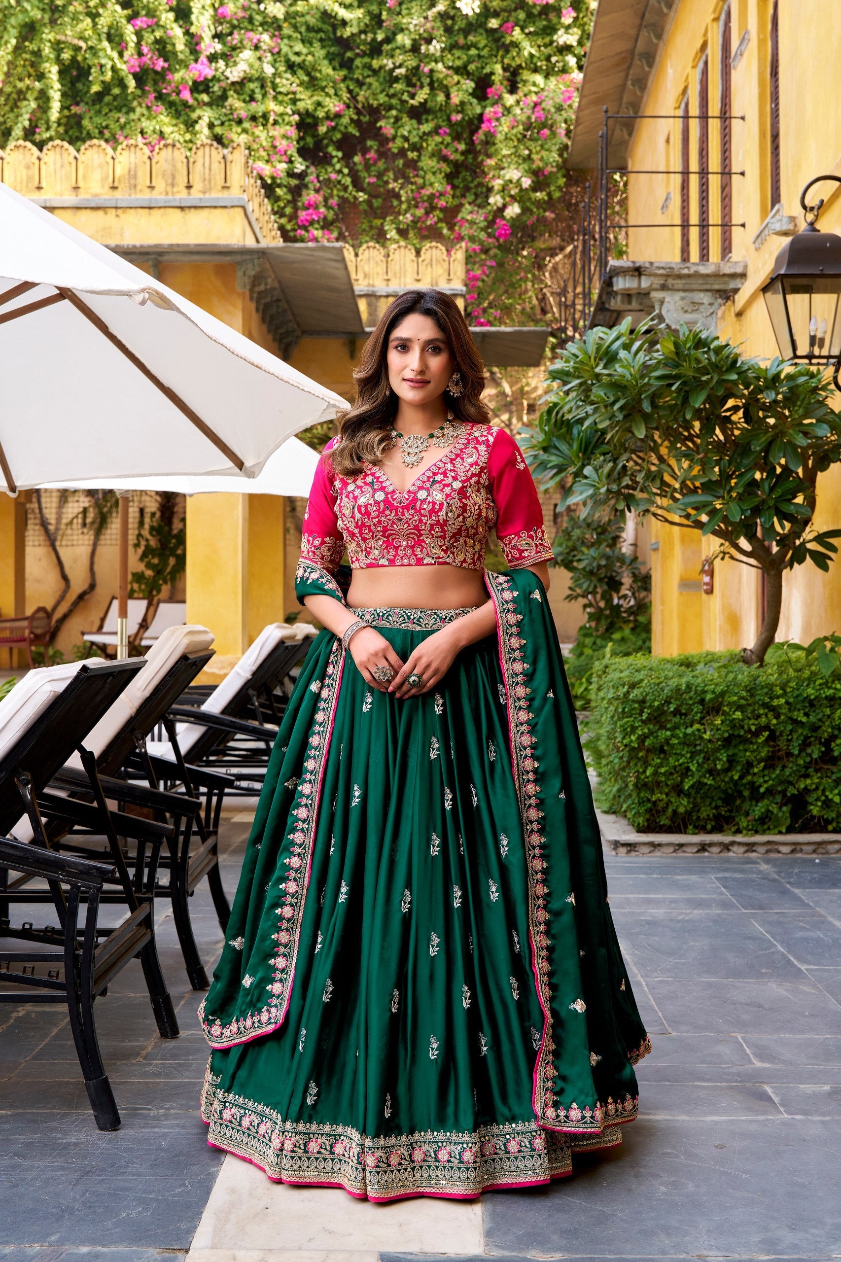 Green Silk Satin Sequins Work Lehenga Choli