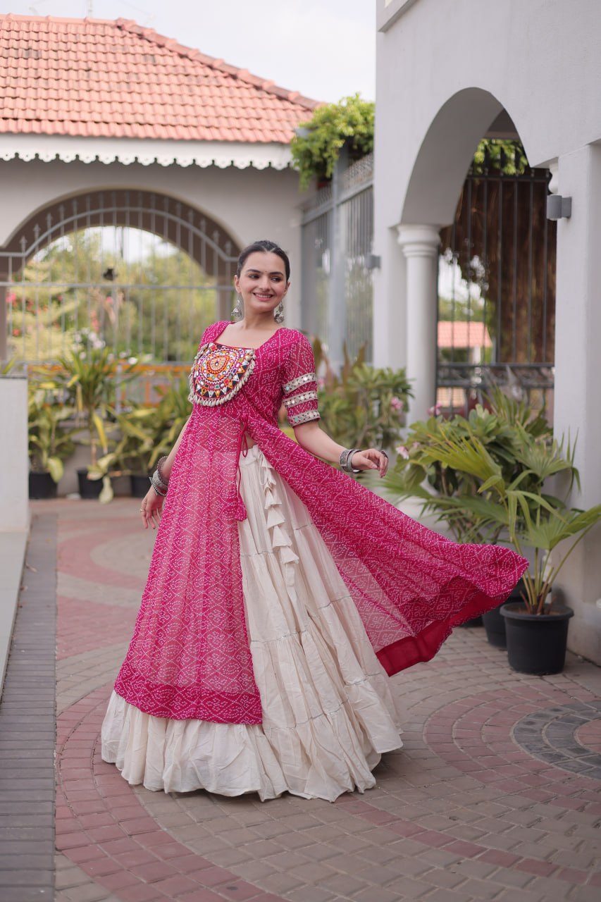 Women's Traditional Bandhani Anarkali Kurti with Layered Sharara | Mirror Embroidery Festival Wear