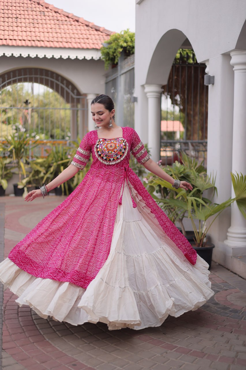 Women's Traditional Bandhani Anarkali Kurti with Layered Sharara | Mirror Embroidery Festival Wear
