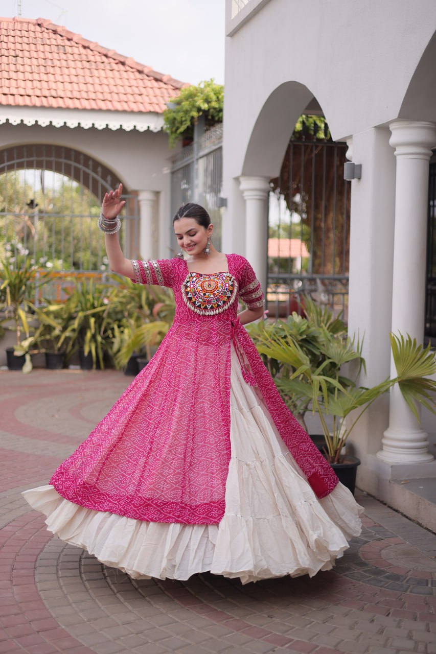 Women's Traditional Bandhani Anarkali Kurti with Layered Sharara | Mirror Embroidery Festival Wear