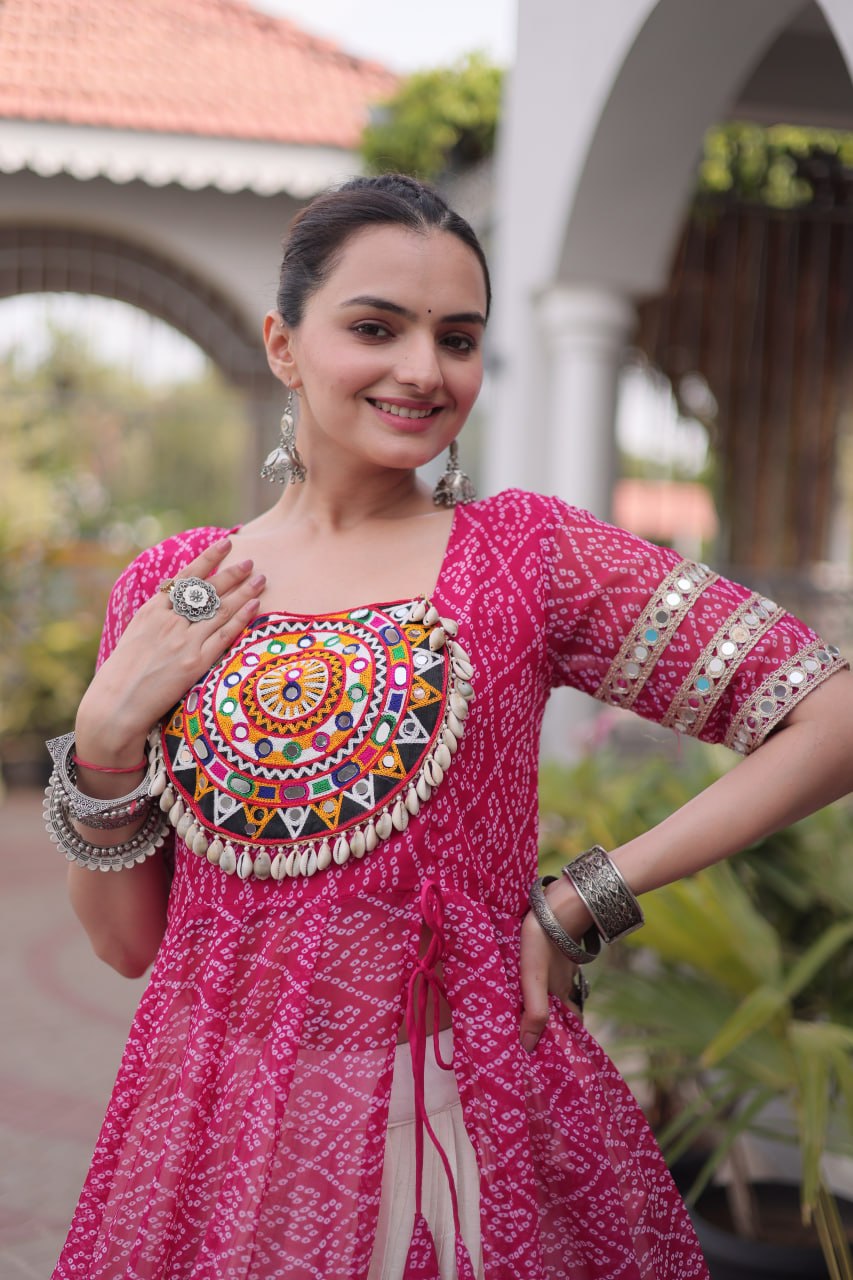 Women's Traditional Bandhani Anarkali Kurti with Layered Sharara | Mirror Embroidery Festival Wear
