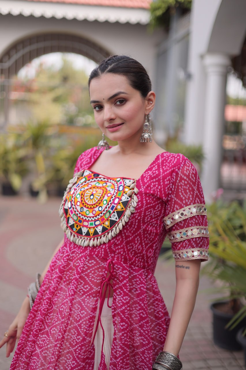 Women's Traditional Bandhani Anarkali Kurti with Layered Sharara | Mirror Embroidery Festival Wear