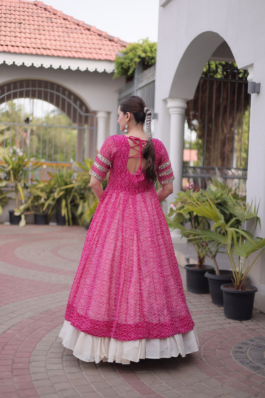 Women's Traditional Bandhani Anarkali Kurti with Layered Sharara | Mirror Embroidery Festival Wear