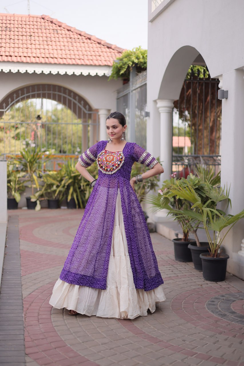 Women's Traditional Bandhani Anarkali Kurti with Layered Sharara | Mirror Embroidery Festival Wear