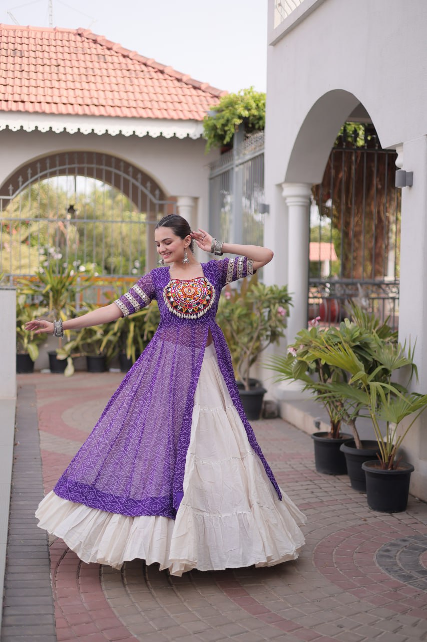 Women's Traditional Bandhani Anarkali Kurti with Layered Sharara | Mirror Embroidery Festival Wear