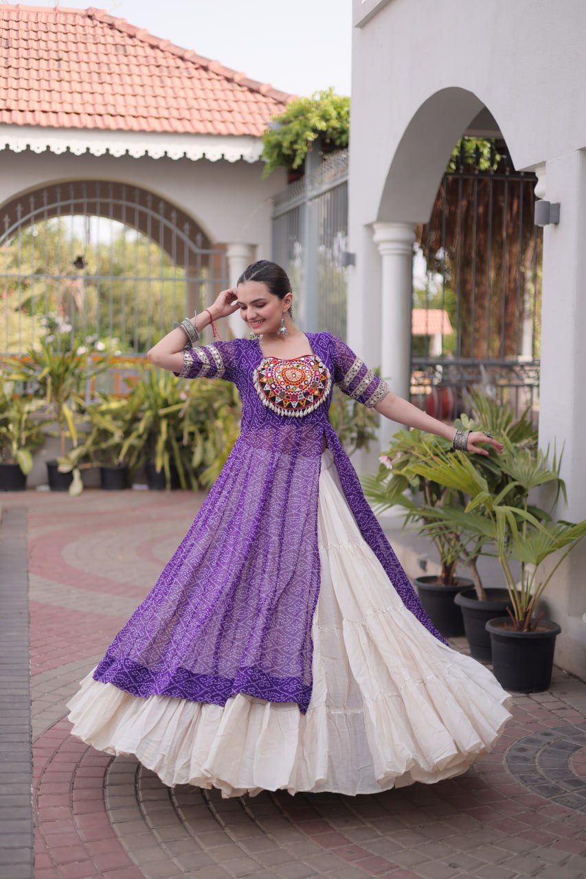 Women's Traditional Bandhani Anarkali Kurti with Layered Sharara | Mirror Embroidery Festival Wear