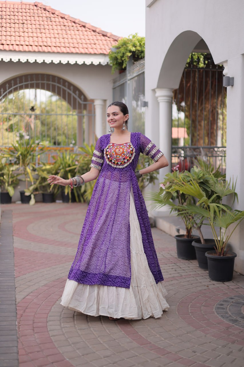 Women's Traditional Bandhani Anarkali Kurti with Layered Sharara | Mirror Embroidery Festival Wear