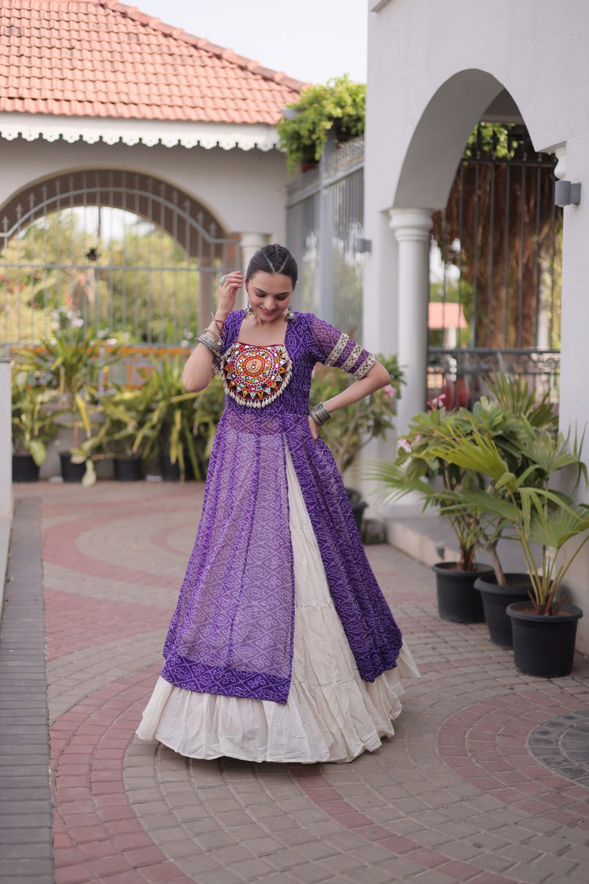 Women's Traditional Bandhani Anarkali Kurti with Layered Sharara | Mirror Embroidery Festival Wear