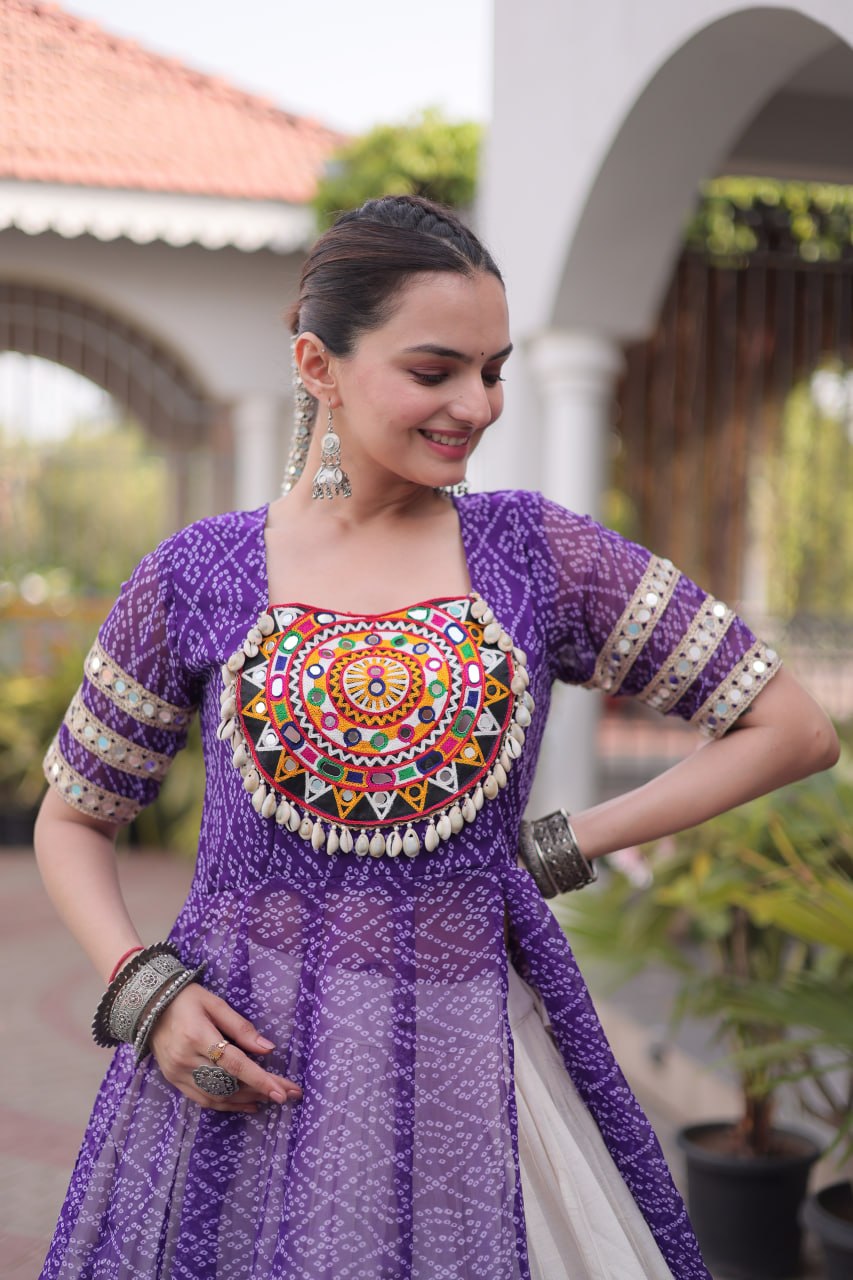 Women's Traditional Bandhani Anarkali Kurti with Layered Sharara | Mirror Embroidery Festival Wear
