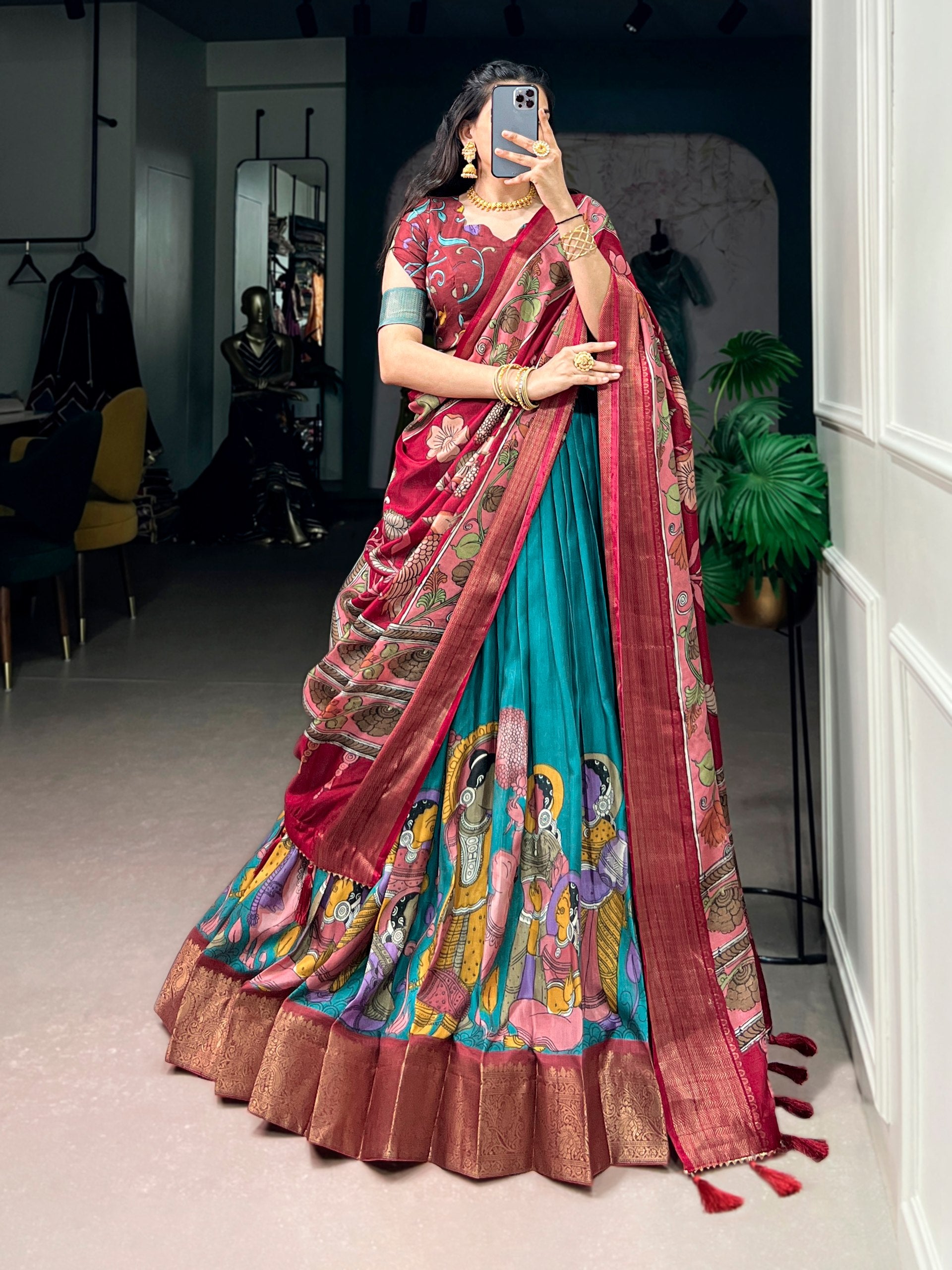 Women's Designer Kalamkari Lehenga Saree | Ready to Wear Printed Silk Saree with Banarasi Border | Wedding, Festive & Party Wear