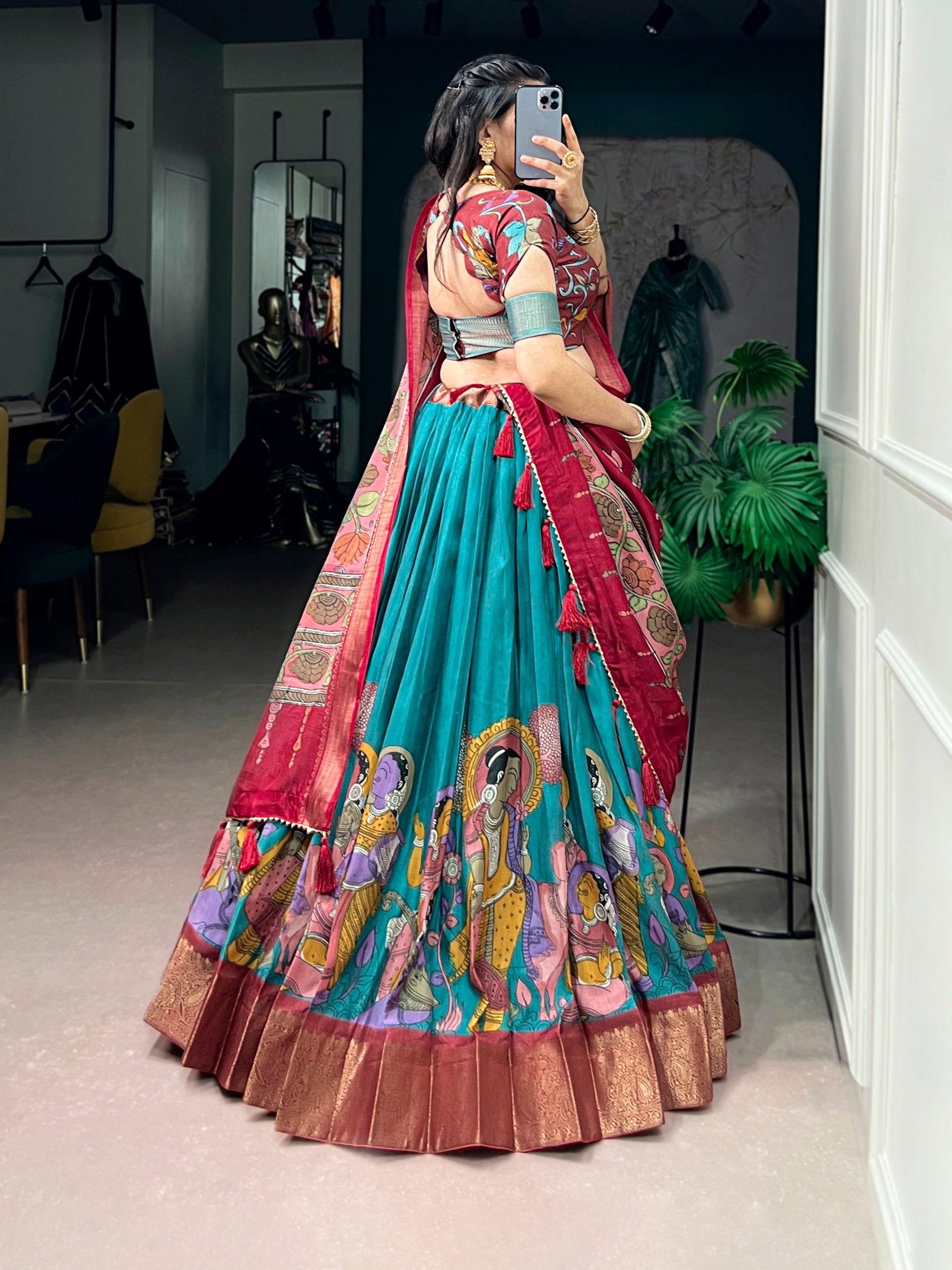 Women's Designer Kalamkari Lehenga Saree | Ready to Wear Printed Silk Saree with Banarasi Border | Wedding, Festive & Party Wear