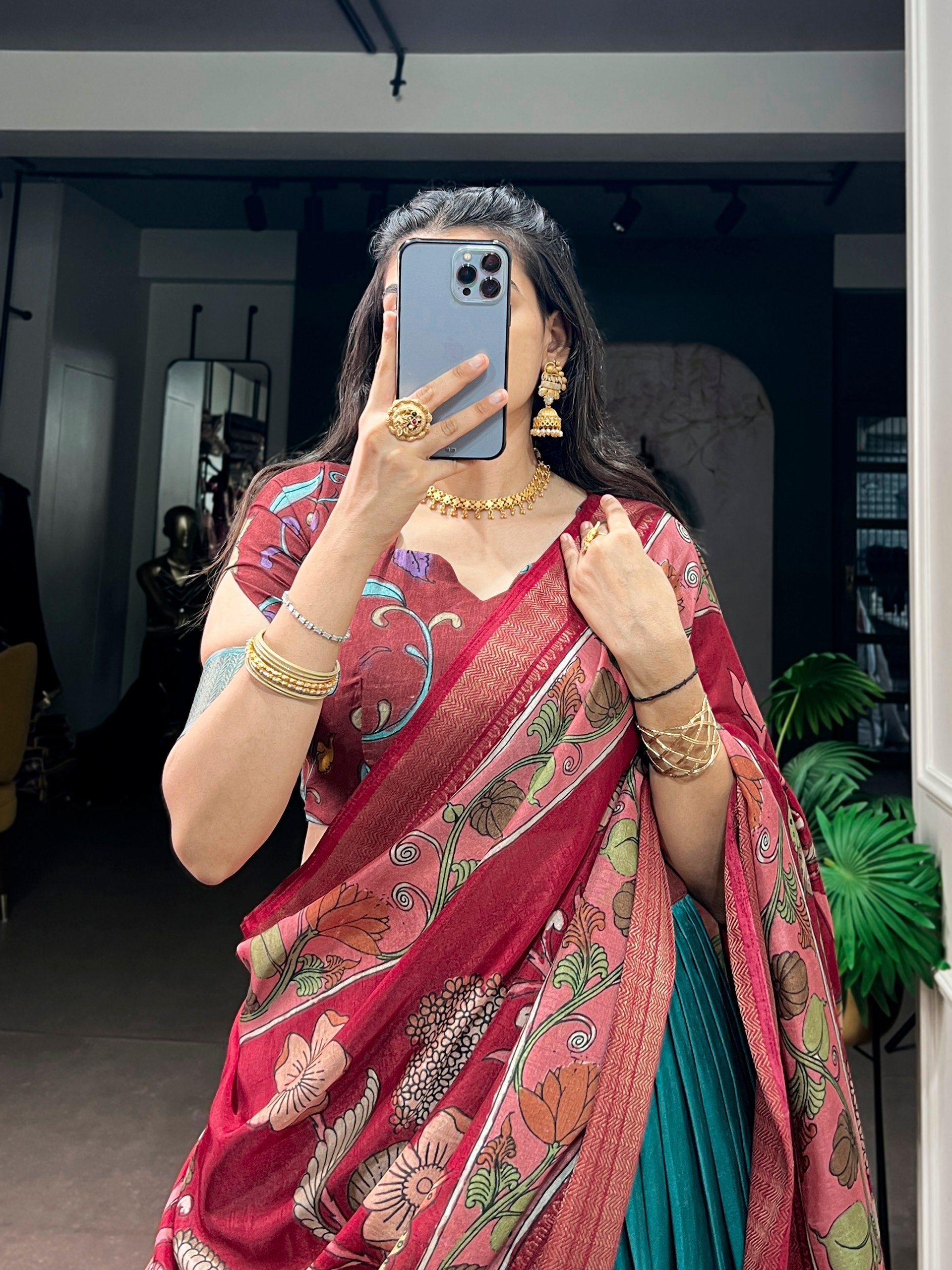 Women's Designer Kalamkari Lehenga Saree | Ready to Wear Printed Silk Saree with Banarasi Border | Wedding, Festive & Party Wear