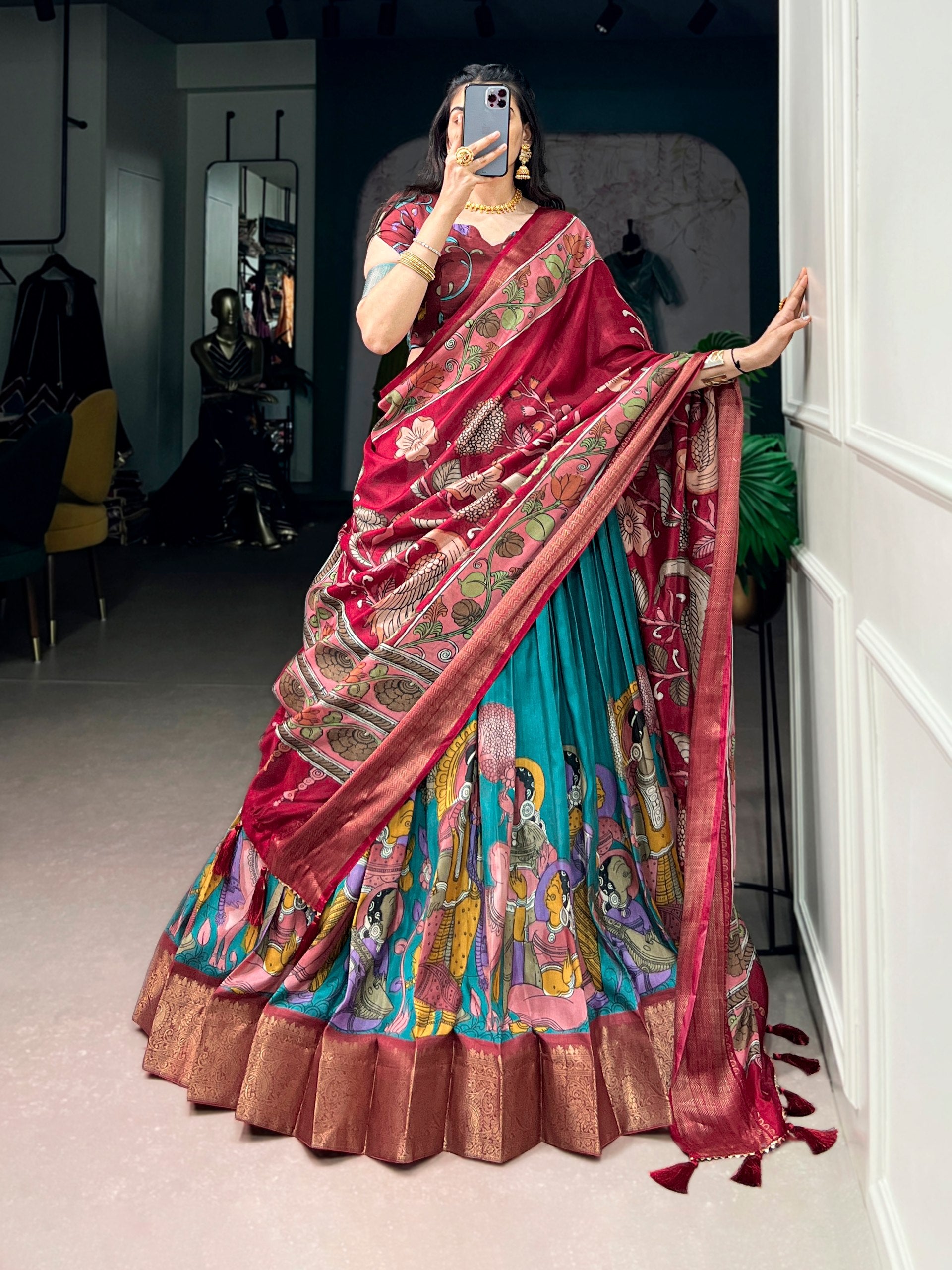 Women's Designer Kalamkari Lehenga Saree | Ready to Wear Printed Silk Saree with Banarasi Border | Wedding, Festive & Party Wear