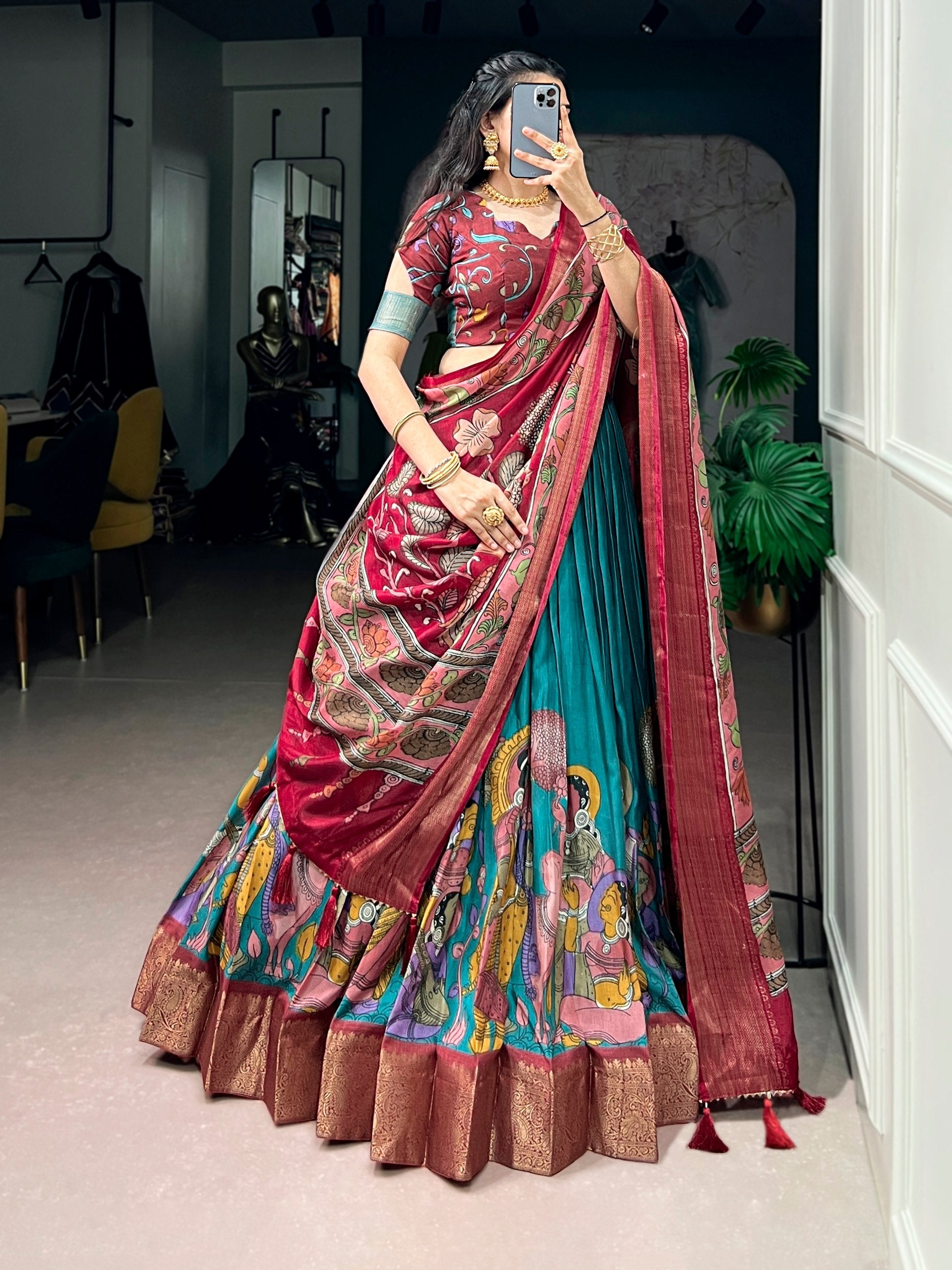 Women's Designer Kalamkari Lehenga Saree | Ready to Wear Printed Silk Saree with Banarasi Border | Wedding, Festive & Party Wear