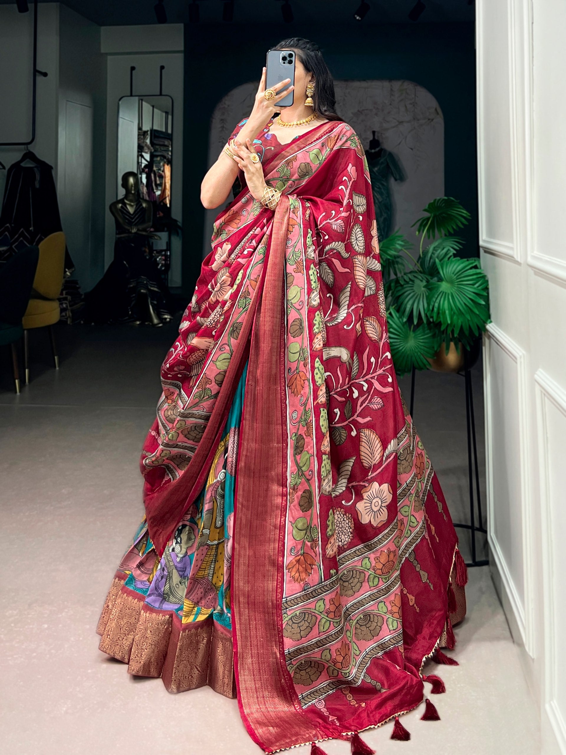 Women's Designer Kalamkari Lehenga Saree | Ready to Wear Printed Silk Saree with Banarasi Border | Wedding, Festive & Party Wear