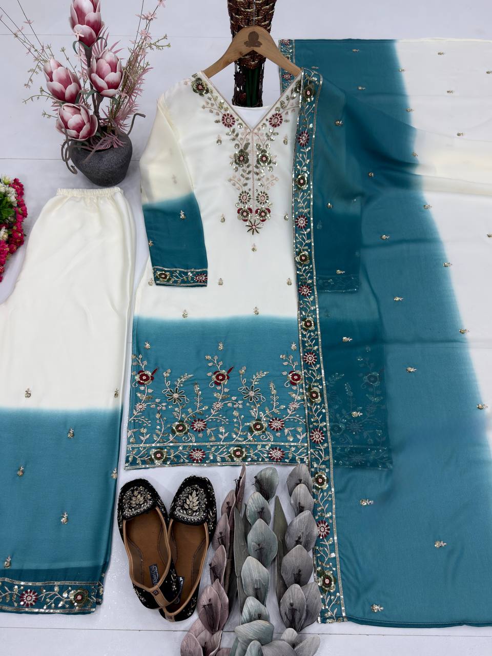 Elegant Ombre Embroidered Kurta Palazzo Set with Dupatta