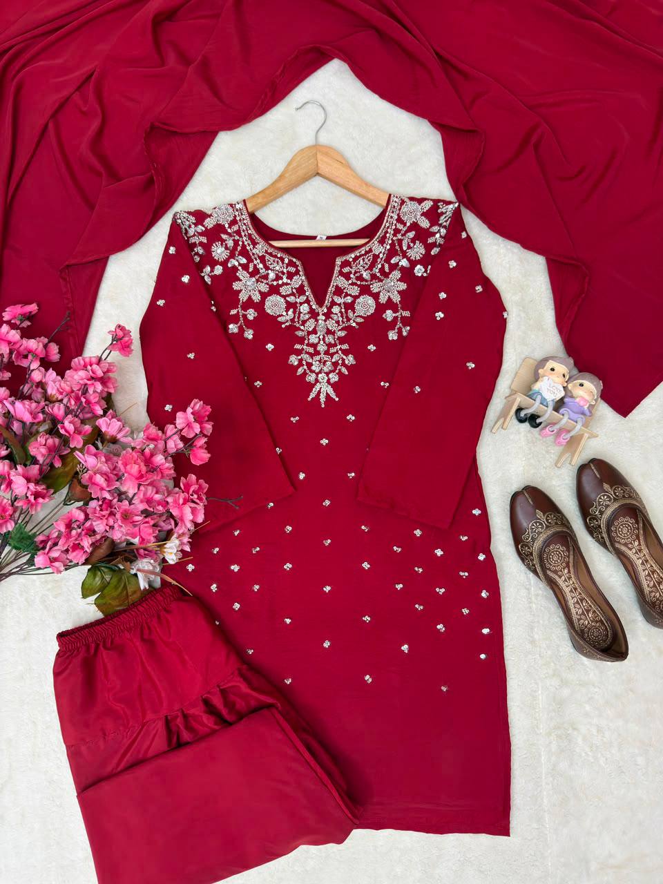 Women's Premium Embroidered Kurti Palazzo Dupatta Set | Designer Ethnic Suit | Party Wear, Festive & Wedding Collection
