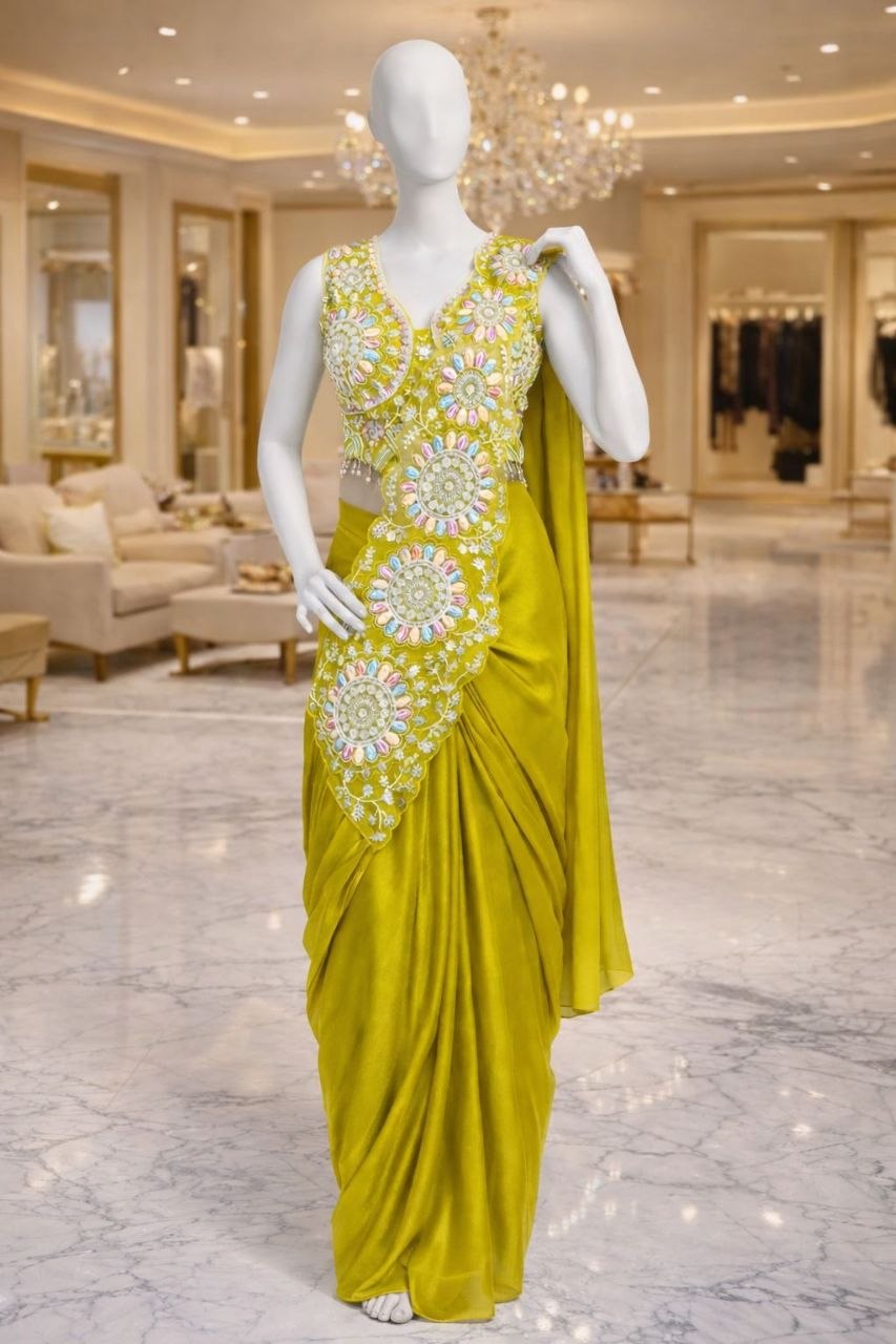 New Super Trending Embroidery Sequence work ready to wear saree with Embroidery Blouse