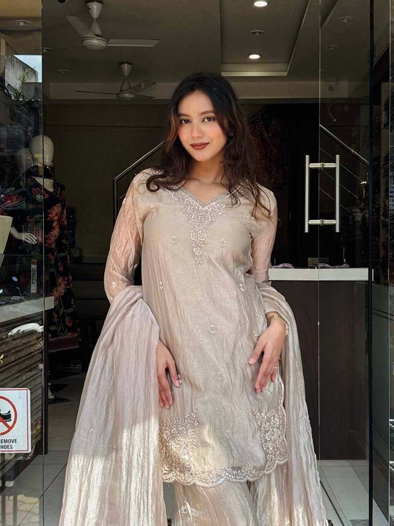 Premium Beige Ethnic Suit with Embroidery & Flowy Sharara