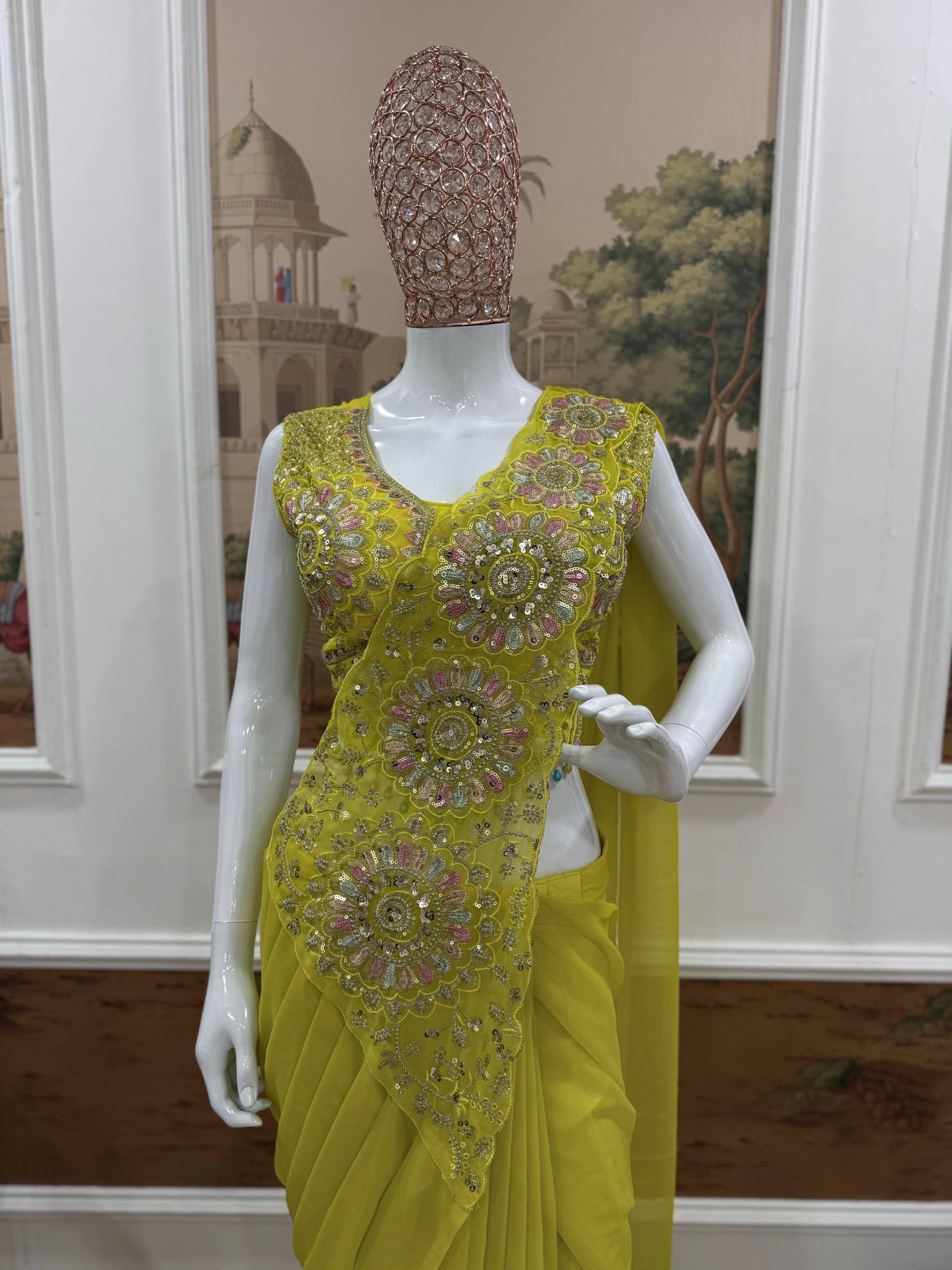 Trendy Lime Green Lehenga Saree with Heavy Embroidered Blouse